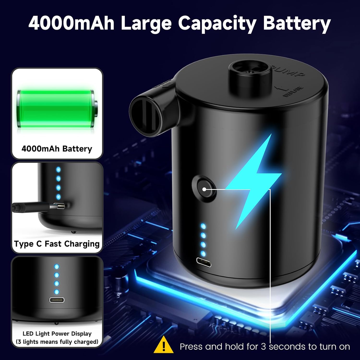 Detalle de TECHSHARE Elektrische Luftpumpe mit 4000mAh Akku – 50 W, 4 Düsen, USB-Aufladung