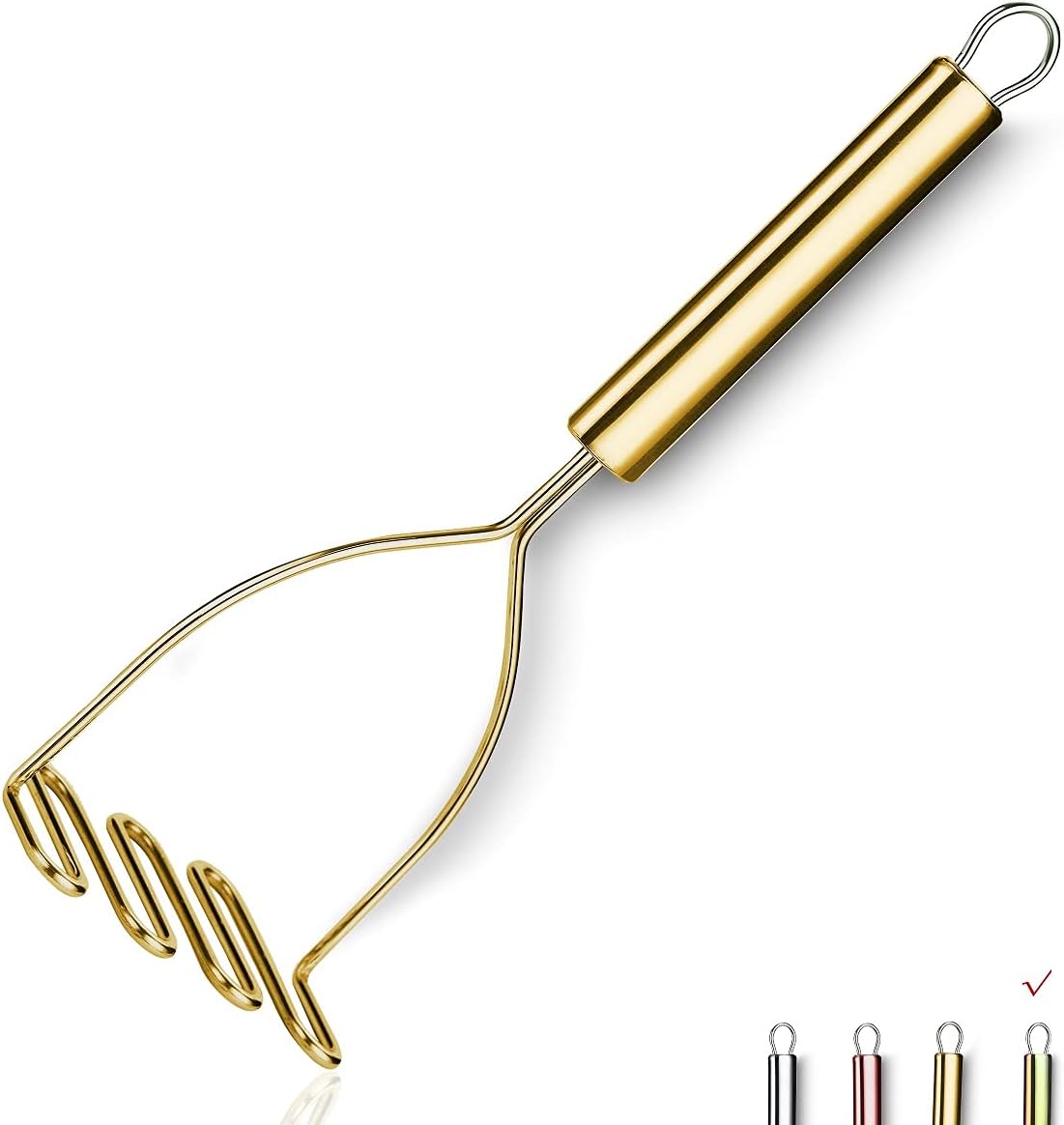 Detalle de HOMQUEN gouden aardappelstamper van roestvrij staal, 9,6 inch