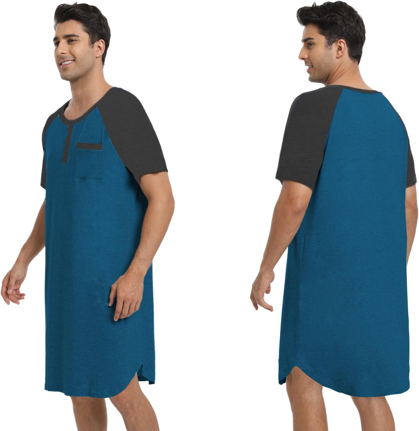 Detalle 2 de Enjoyoself Herren Nachthemd kurzarm aus Baumwolle mit Henley-Kragen