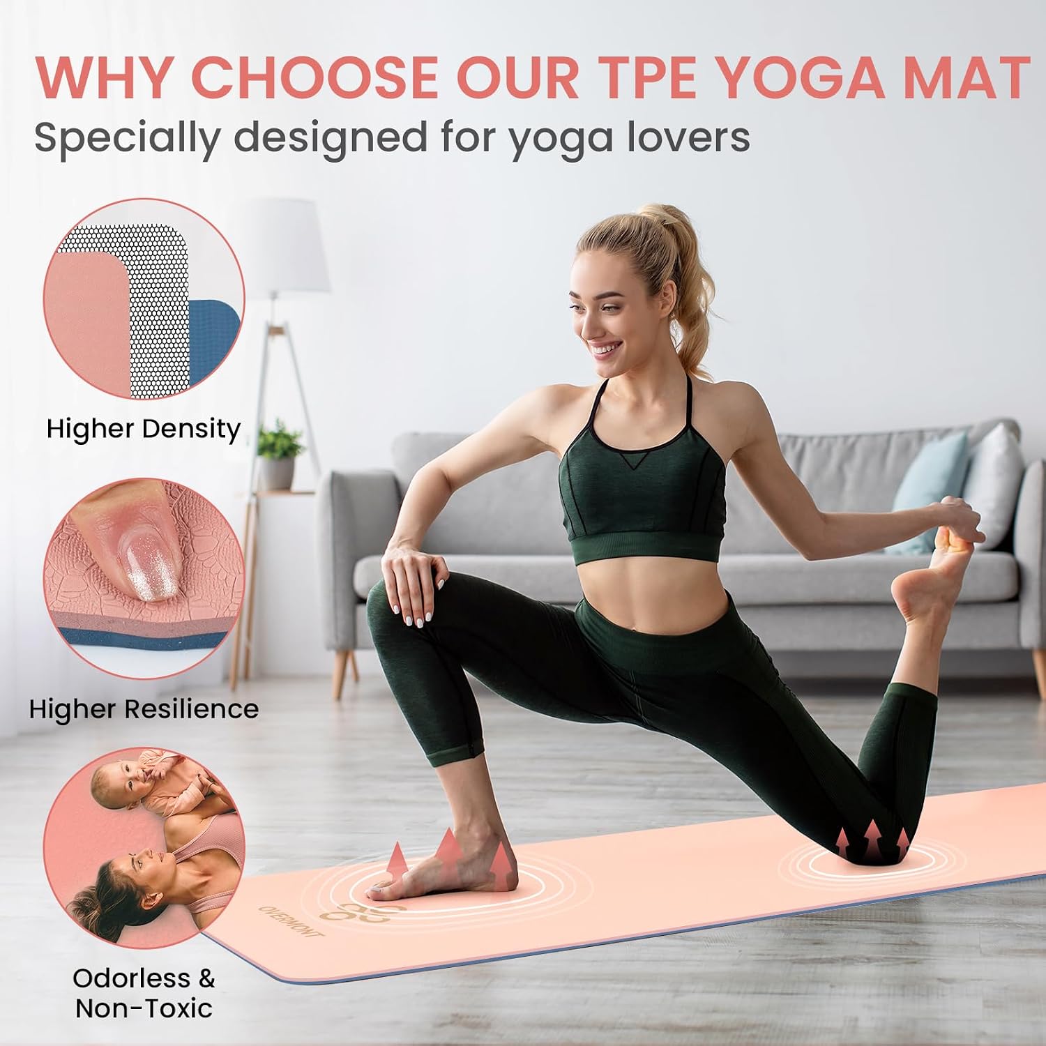 Detalle 1 de OVERMONT Yogamat Pink TPE Yoga Mat, 8 mm, Dual-Sided Grip, 72 x 24 in