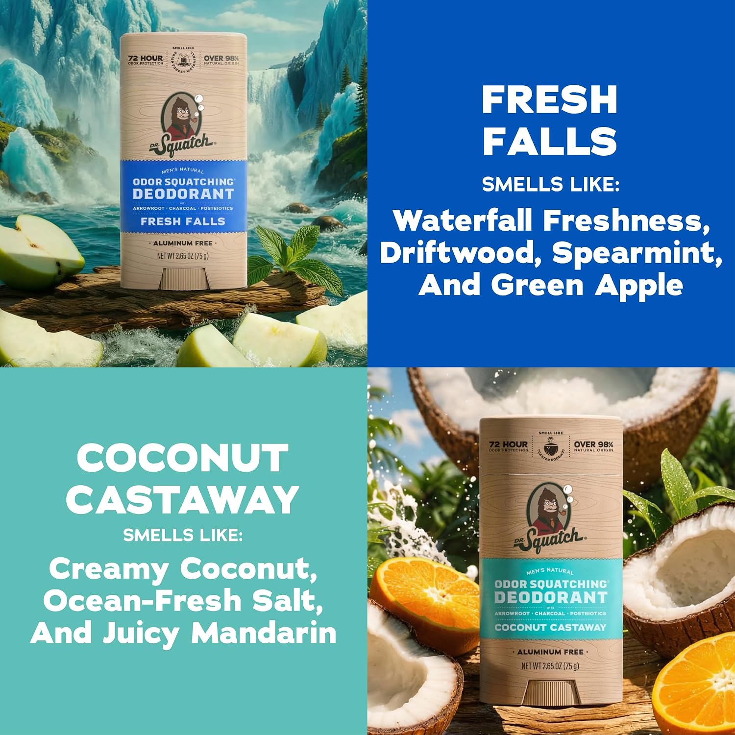 Thumbnail 3 de Dr. Squatch Aluminum-Free Natural Deodorant for Men (Coconut Castaway + Fresh Falls) 2-Pack, 2.65 oz