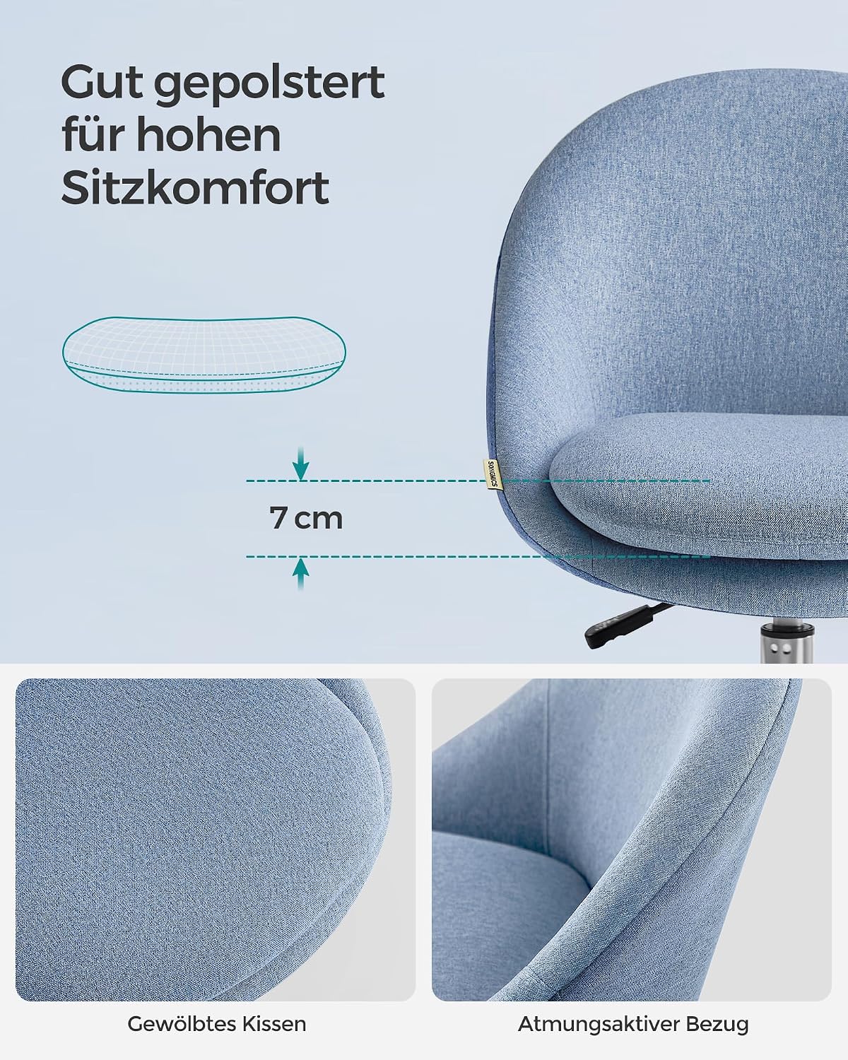 Detalle de SONGMICS Homeoffice Stuhl OBG020Q01 – Schminkstuhl aus Baumwoll-Leinen, höhenverstellbar, platzsparend