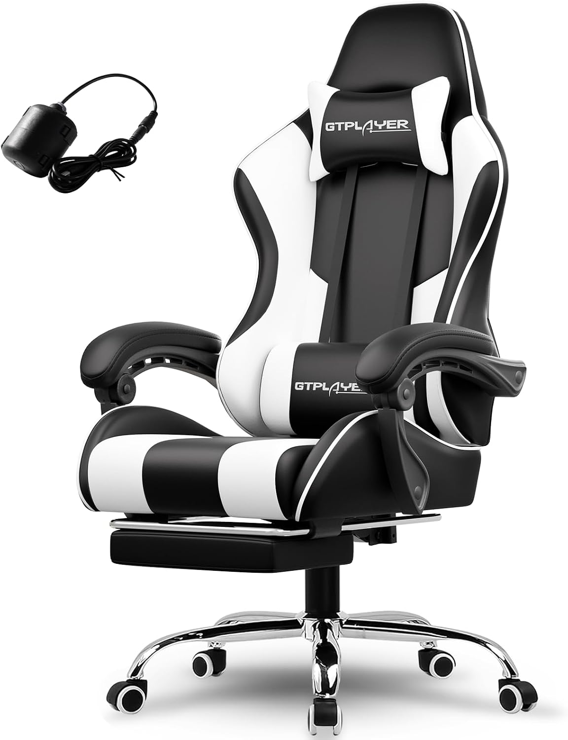 GTPLAYER sedia da gaming ergonomica bianca con poggiapiedi, supporto lombare massaggiante e schienale reclinabile 90–135°