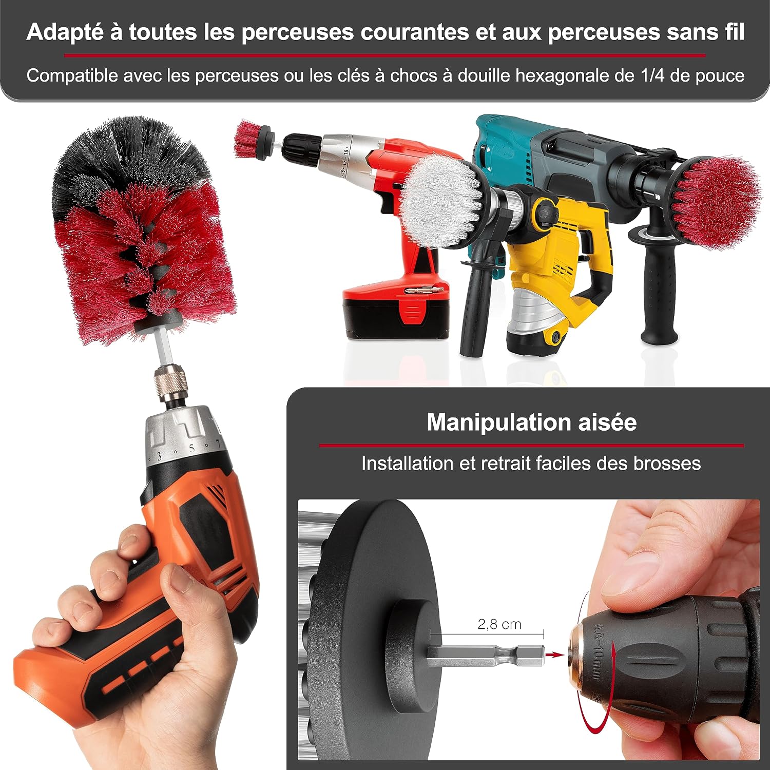 Thumbnail 3 de Brosse Nettoyage perceuse sans Fil – Poils Souples et Durs pour Voiture, Tissus et Jantes
