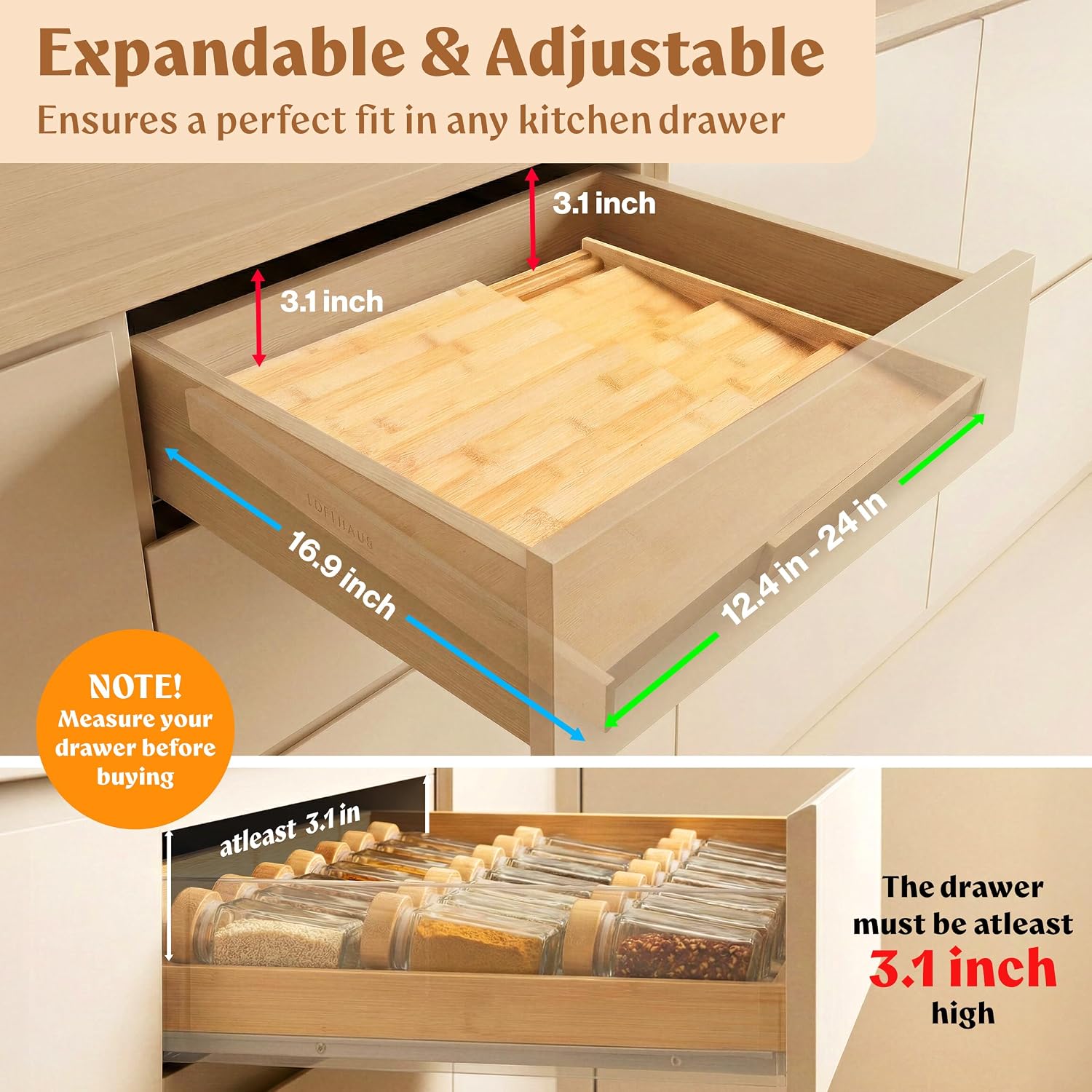 Detalle 2 de EDELHAUS Bamboo Spice Drawer Organizer 12–24 in 🧂
