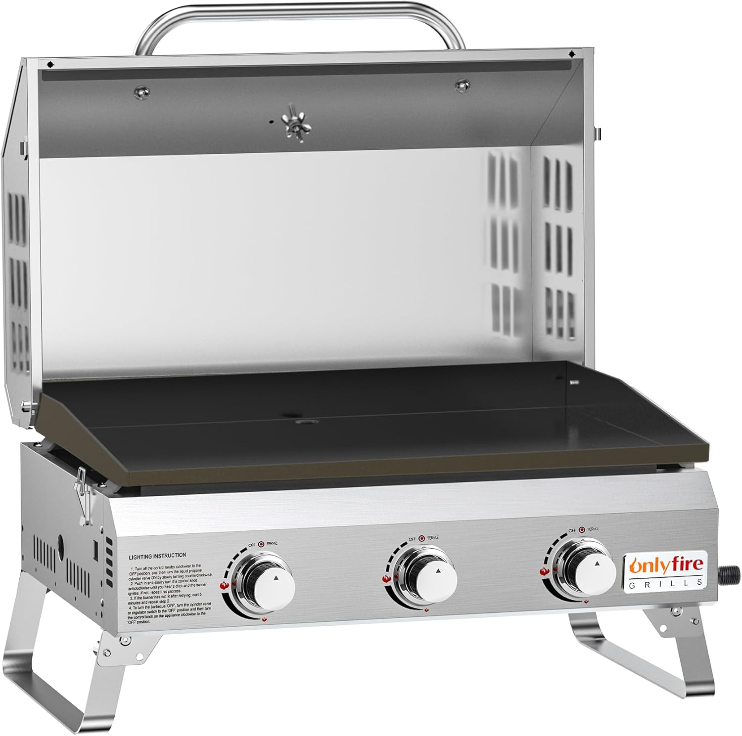 Onlyfire Tischgasgrill mit 3 Brennern – Edelstahl Plancha, 57 x 36 cm, Deckel & Thermometer