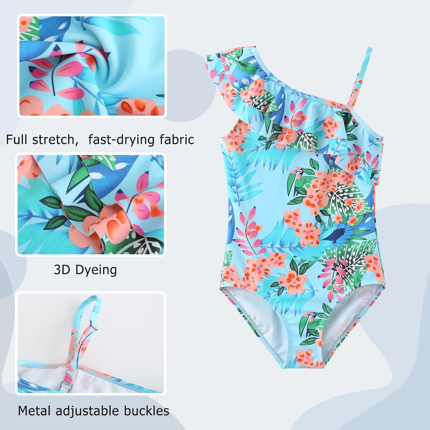 Detalle de Einteiliger Badeanzug für Mädchen mit Hawaiian-Print und Rüschen-Optik