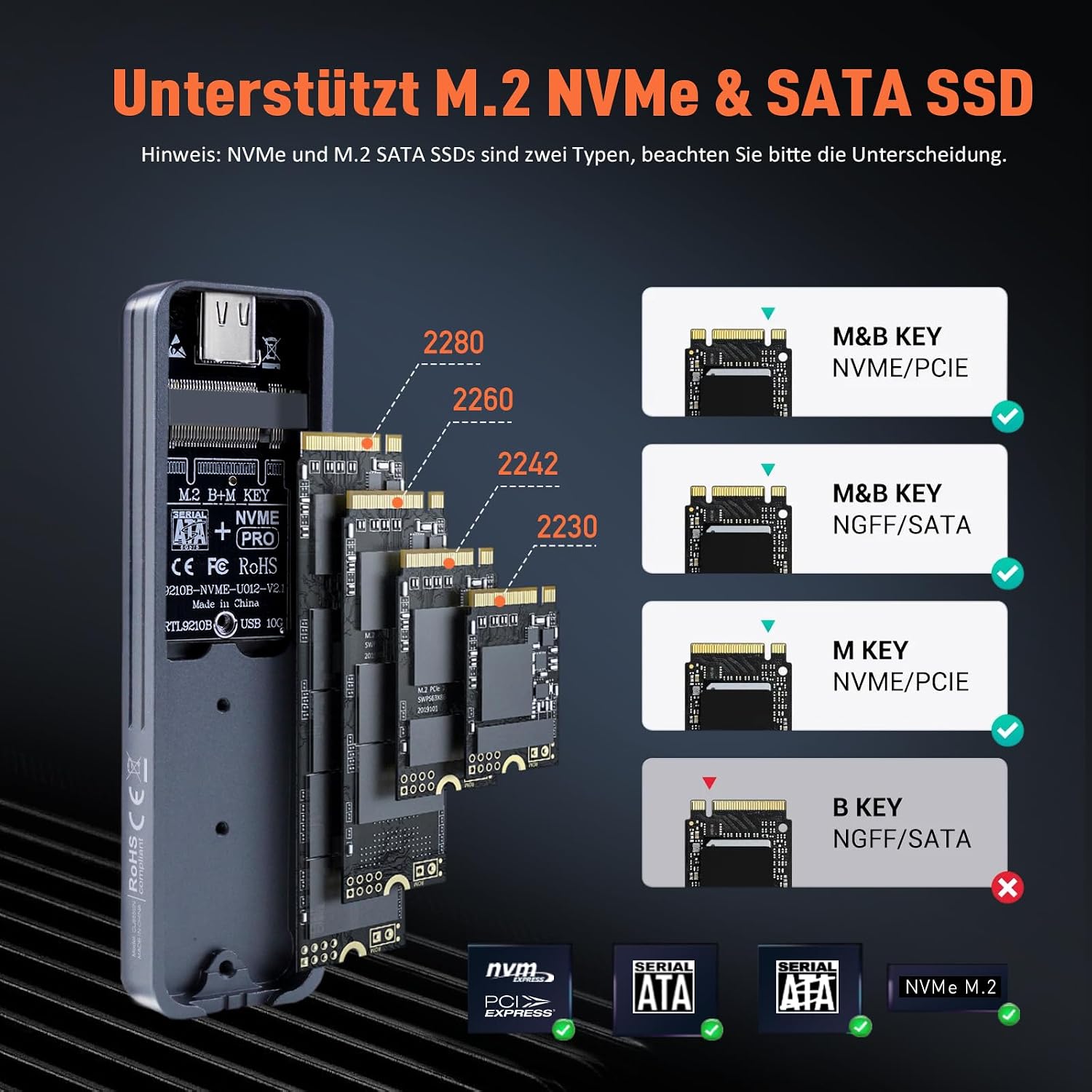 Detalle de VCOM M.2 NVMe/SATA SSD Gehäuse – 10 Gbps USB-C Adapter mit Kühlkissen, Aluminium, M-Key/M+B-Key, 2230–2280