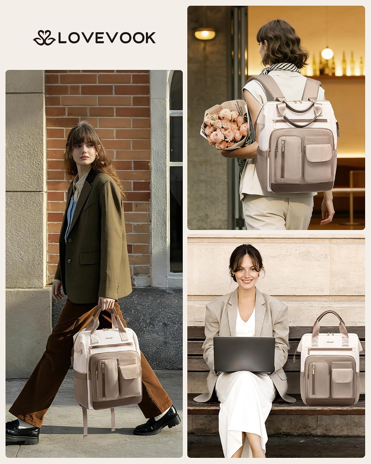 Detalle 2 de LOVEVOOK Damen-Rucksack 15,6 Zoll – 2-in-1 Handtasche, wasserdicht, 20 Taschen, großes Fach, ideal für Schule, Uni, Arbeit und Reisen