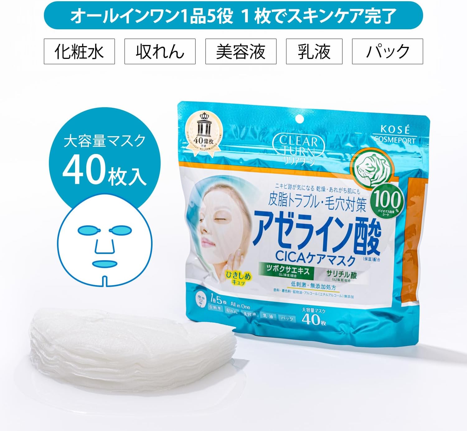 Detalle 2 de コーセーコスメポート クリアターン アゼライン酸CICAケアマスク シートマスク 40枚入