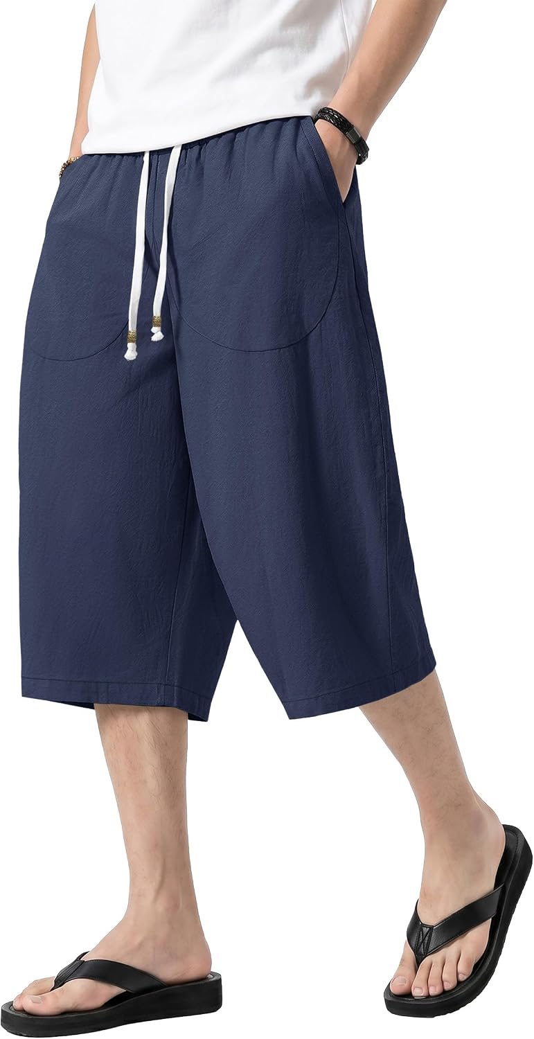 Detalle de KEFITEVD Men's Shorts 3/4 Length Linen Loose Long Shorts – Casual Summer Wear