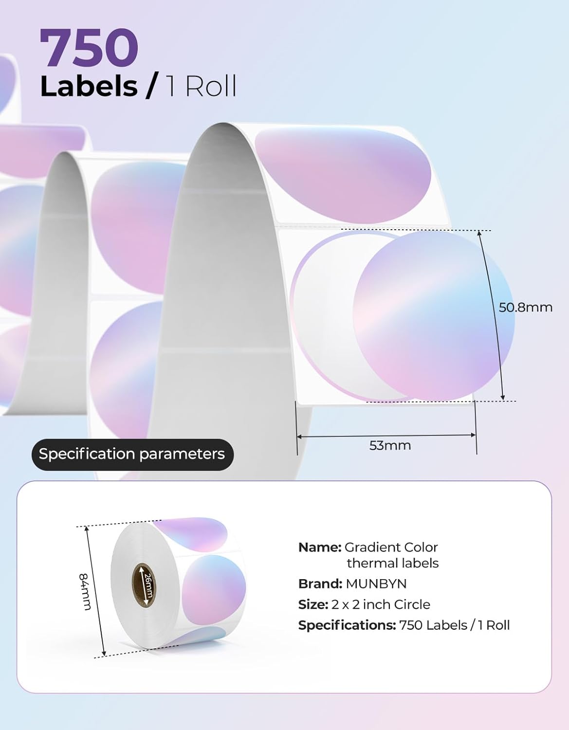 Thumbnail 1 de MUNBYN 50x50mm Gradient Round Thermal Labels 750 📦