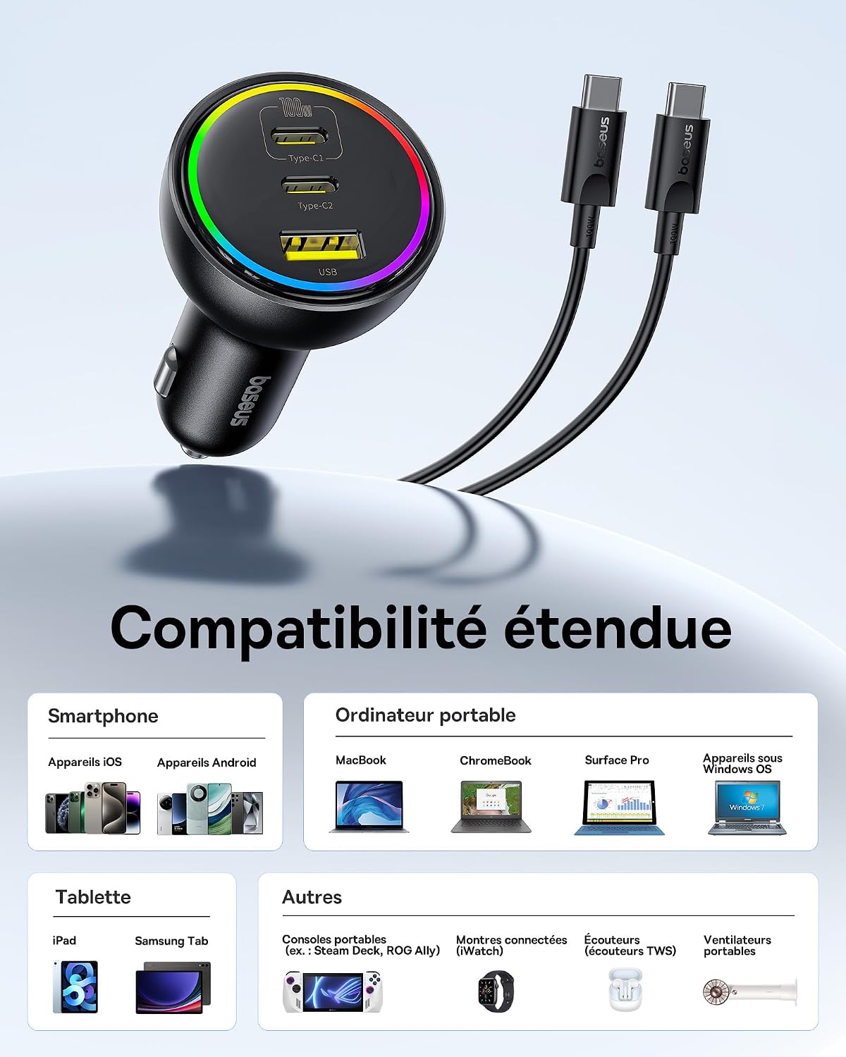 Detalle de Baseus 152,5W Allume-Cigare USB-C à 3 Ports RGB et câble 100W – Charge rapide pour MacBook, iPhone et plus