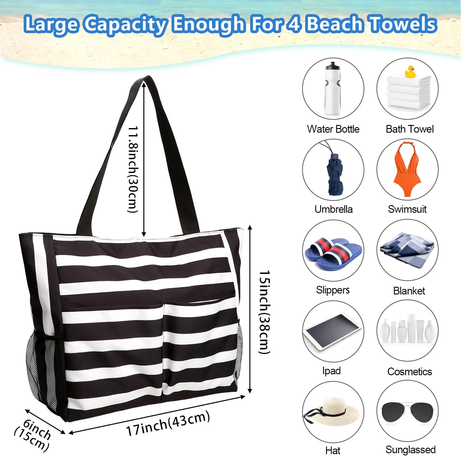 Detalle de TAHAVICE Strandtasche Damen XXL (43 x 38 x 15 cm, 45 L) mit Reißverschluss – wasserdicht & sandfest für Familie, Pool und Reise