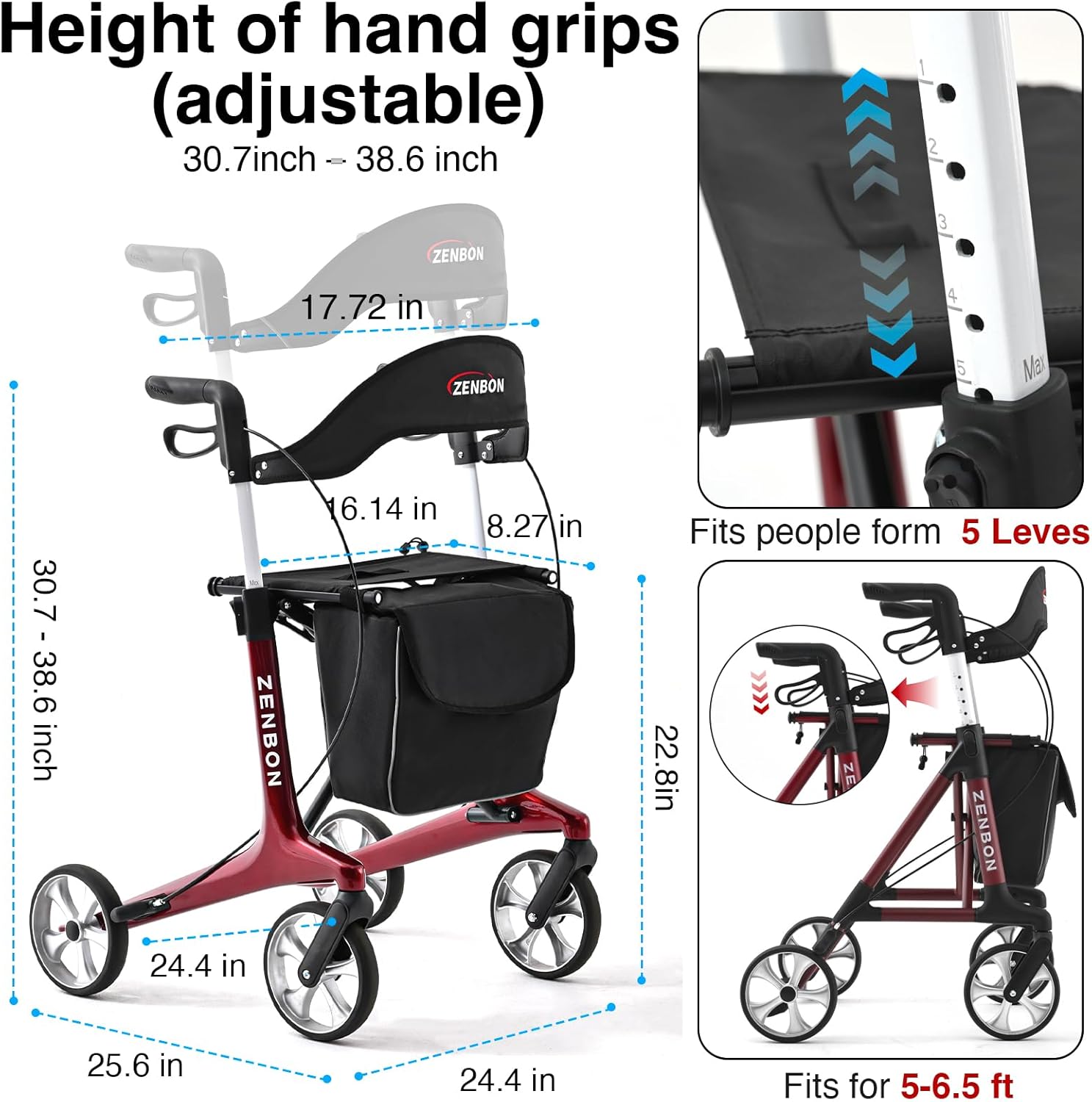 Detalle de Carbon Rollator Ultraleicht Klappbar – leichter Rollator mit Sitz für Alltag und Reise