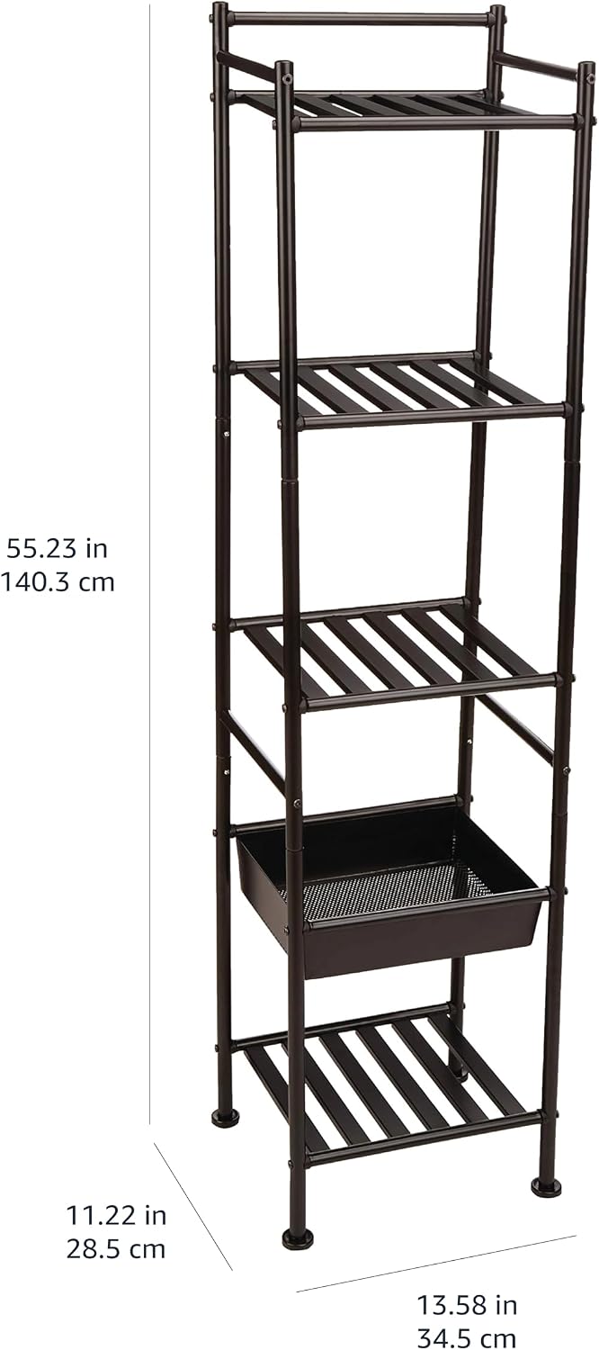 Detalle de Amazon Basics Regal mit 5 Fächern, mit Korb, Schwarz – Edelstahlregal für das Badezimmer