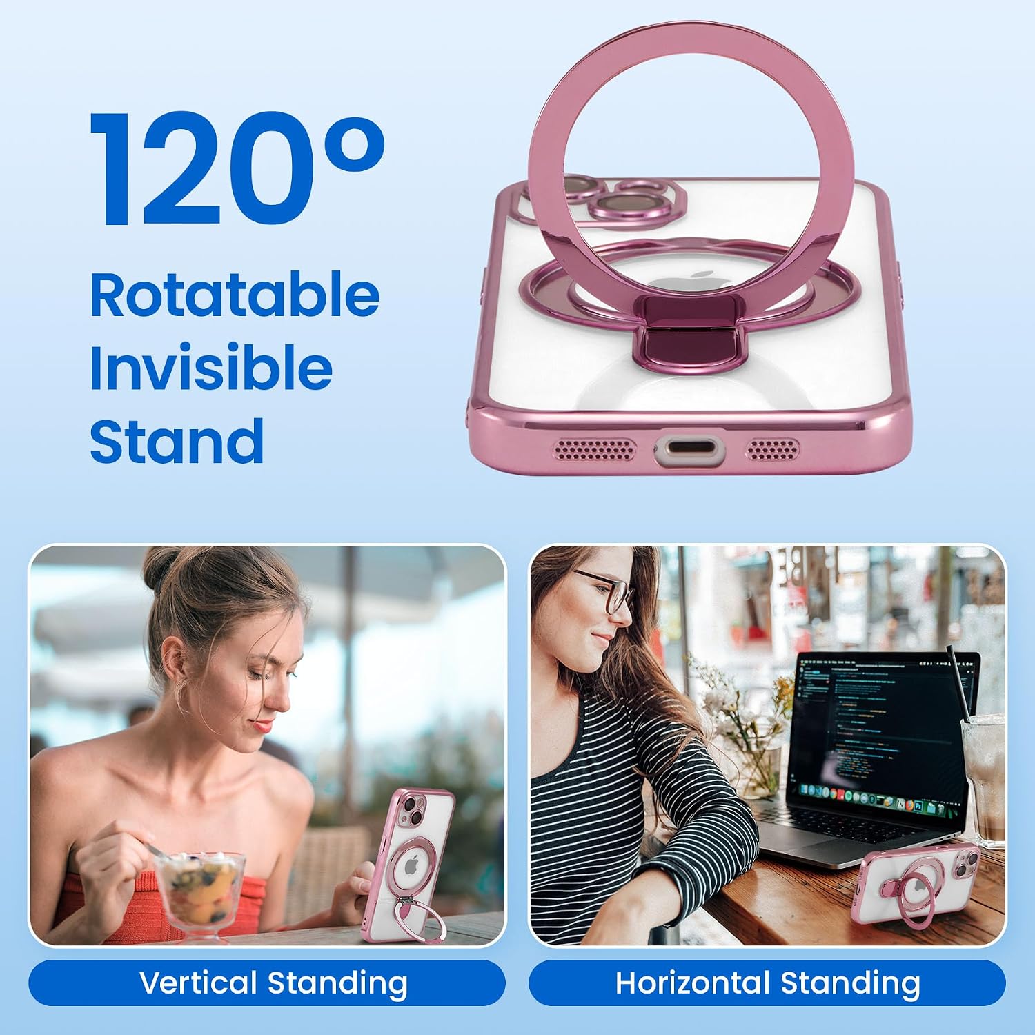 Detalle 2 de ZCDAYE Magnetic Case for iPhone 14 with Invisible Stand in Rose Gold — Clear Back, MagSafe Compatible