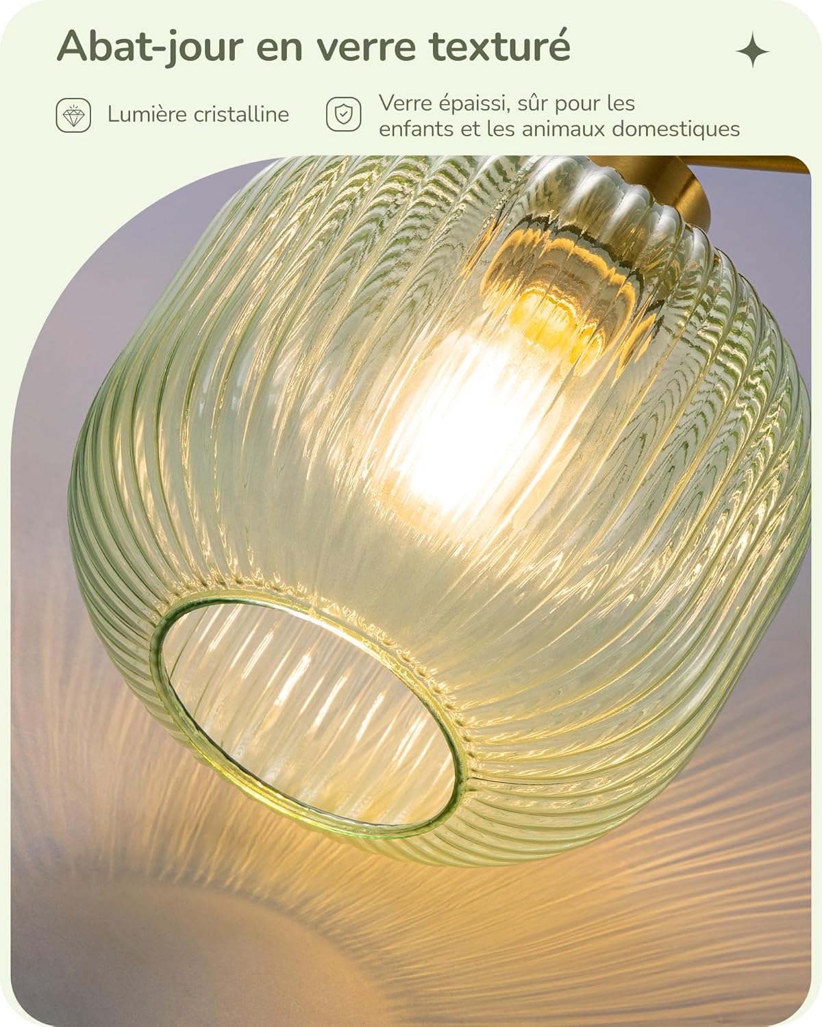 Thumbnail 2 de EDISHINE Lampadaire sur Pied Salon – Lampe Arquée avec Abat-Jour Verre Vert Menthe et Structure Dorée