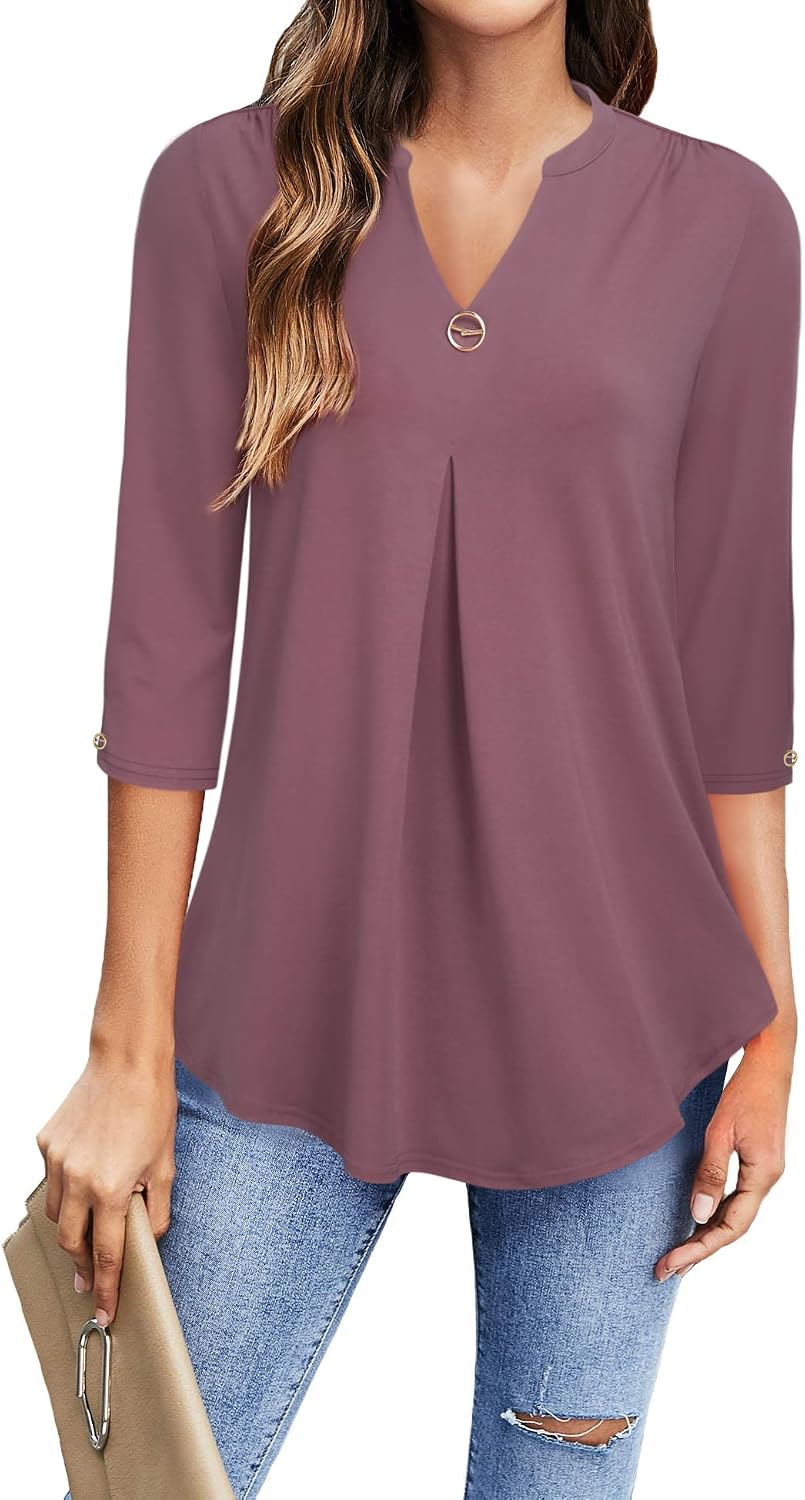 Detalle de Gaharu Damen Bluse 3/4 Arm – elegante V-Ausschnitt Tunika langes Top, Flowy, Jersey-Strick