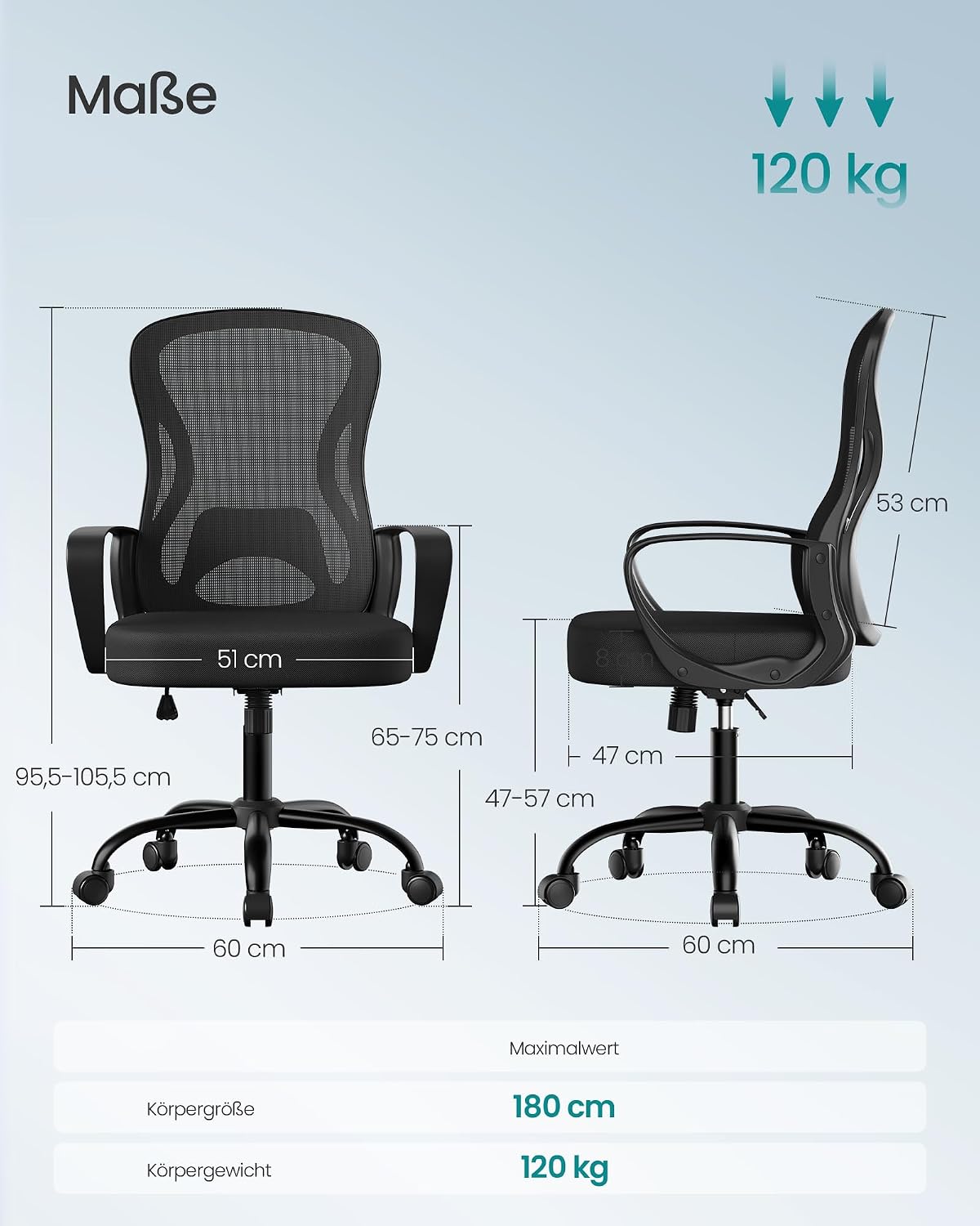 Detalle de SONGMICS Bürostuhl ergonomisch OBN043BH02 mit Netzgewebe, Lendenstütze und Wippfunktion