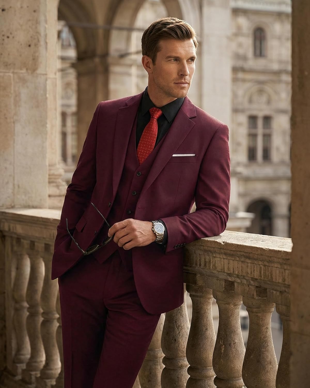 Thumbnail 1 de YND Men's 3 Piece Suit Set with Tie — Slim Fit, 2-Button Blazer, Vest & Pants