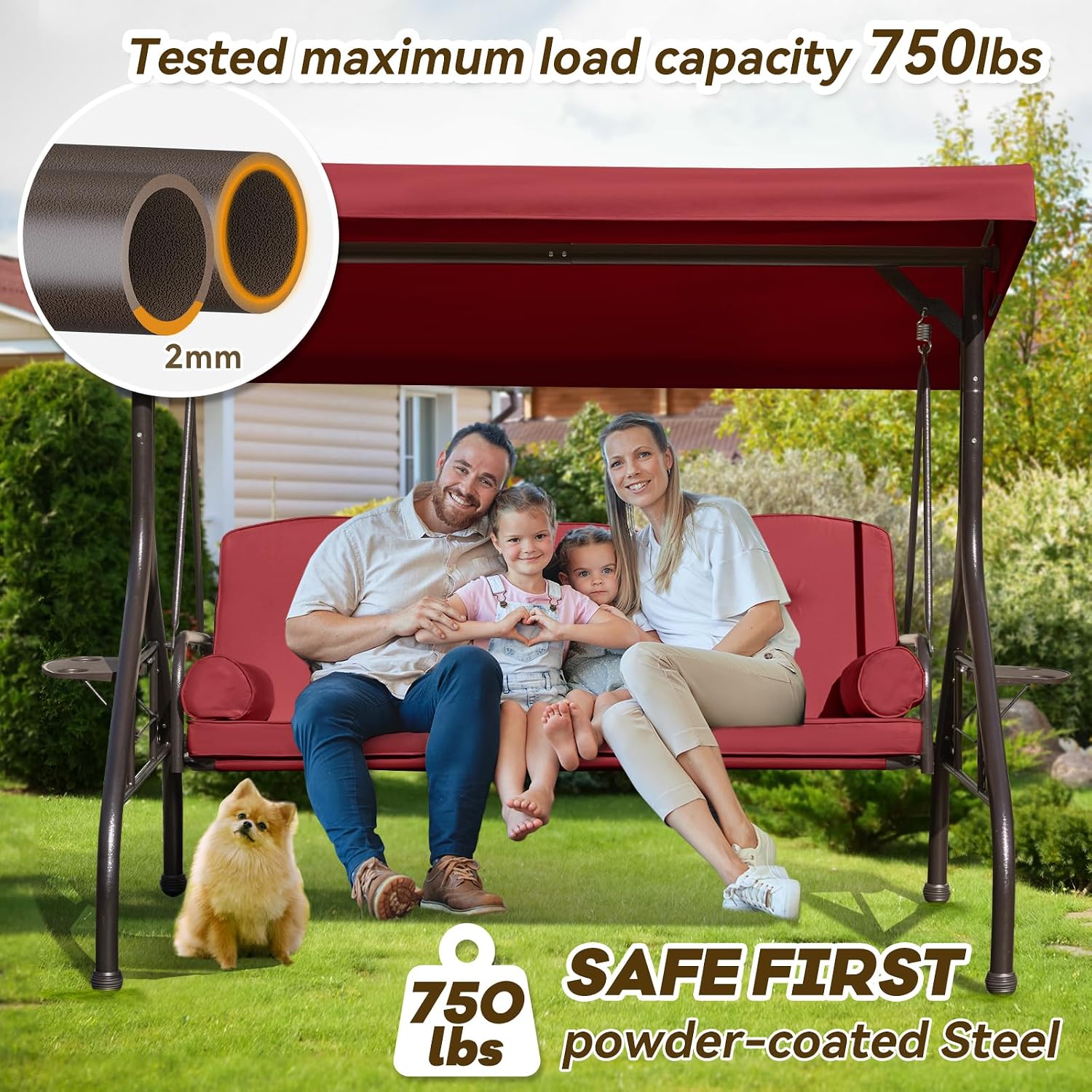 Detalle de Yalissey 3-Seat Porch Swing, Wine Red
