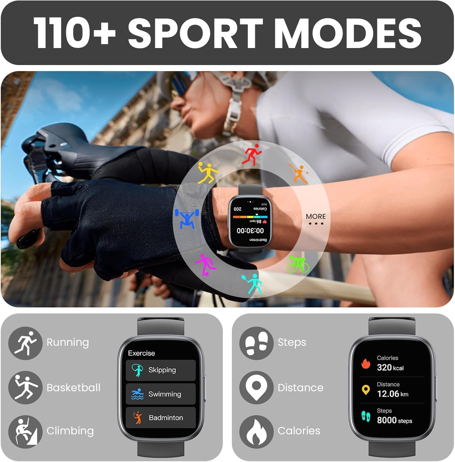 Thumbnail 2 de Poounur T80 Smart Watch with Bluetooth Calling, 1.95" HD Display and 110+ Sport Modes (IP68, Black)