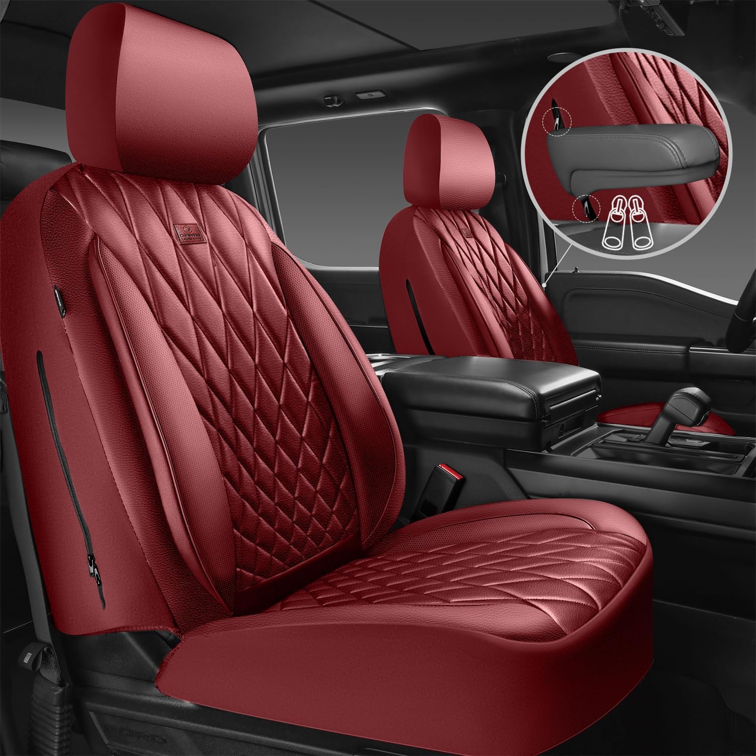 Thumbnail 1 de CAR PASS Piping Luxury Faux PU Leather Two Front Car Seat Covers (Burgundy Red) — Waterproof, Anti-Slip, Airbag Compatible