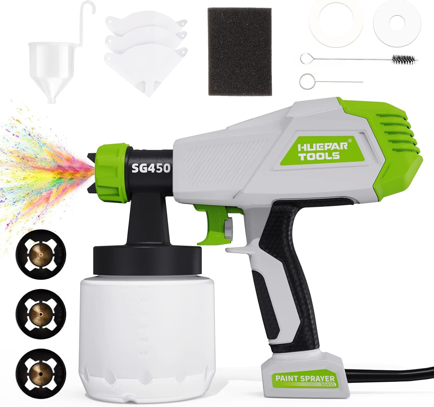 Huepar Tools SG450 HVLP Electric Paint Sprayer (800ml, 3 Nozzles, 3 Spray Patterns)