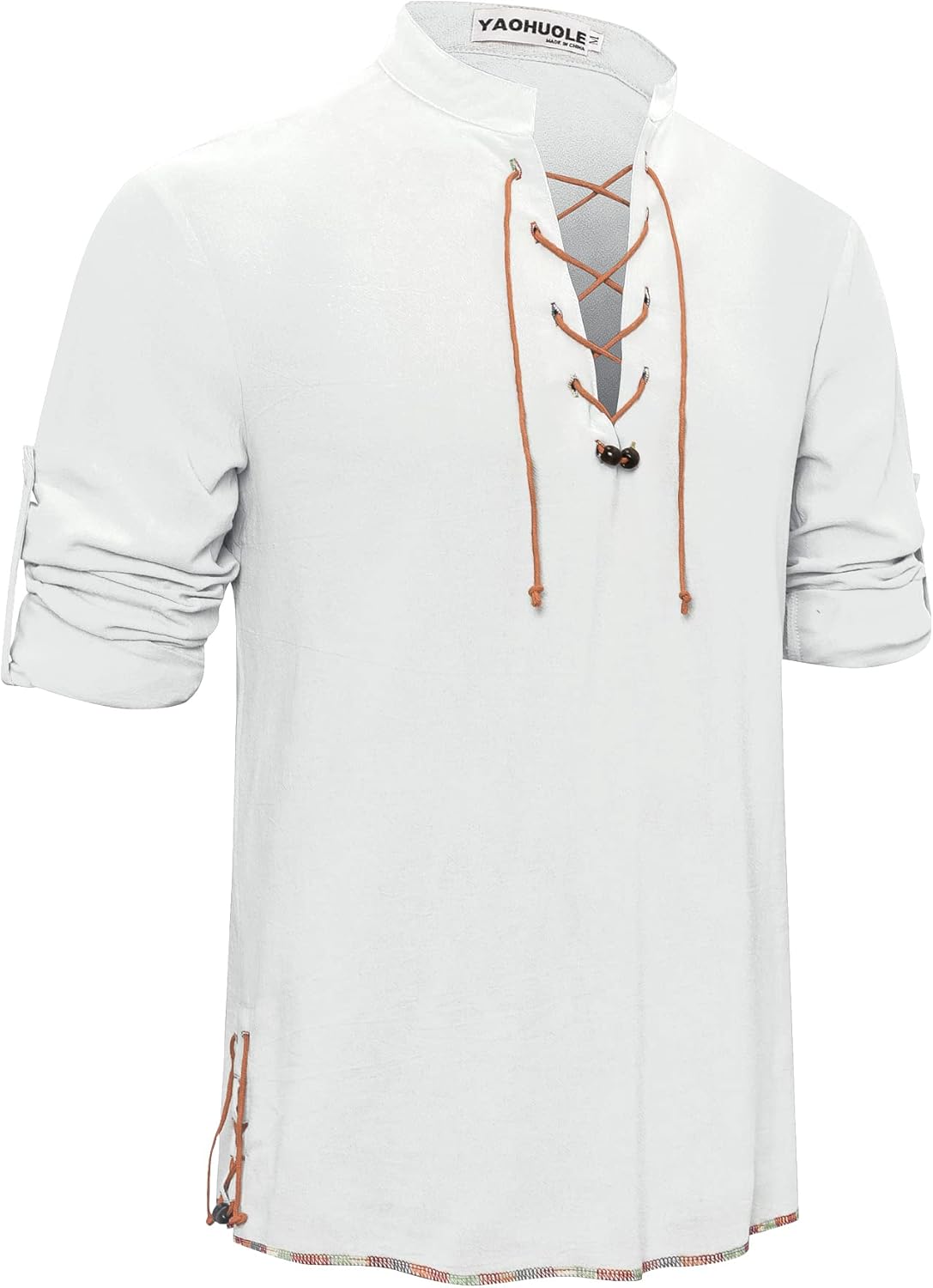 Thumbnail 5 de YAOHUOLE Men's Linen Shirt Long Sleeve Retro Lace Up – Classic Medieval/Viking-Inspired Top
