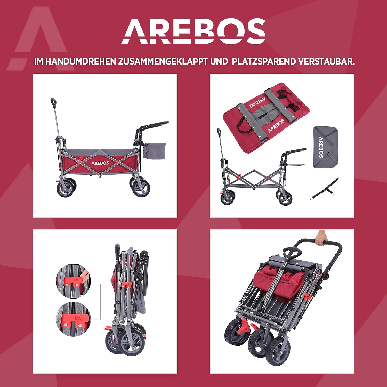 Detalle de Arebos Bollerwagen Premium faltbar mit Dach – Handwagen, klappbar bis 100 kg Tragkraft, 360° Rolllädenräder, mit Tragetasche, Rot