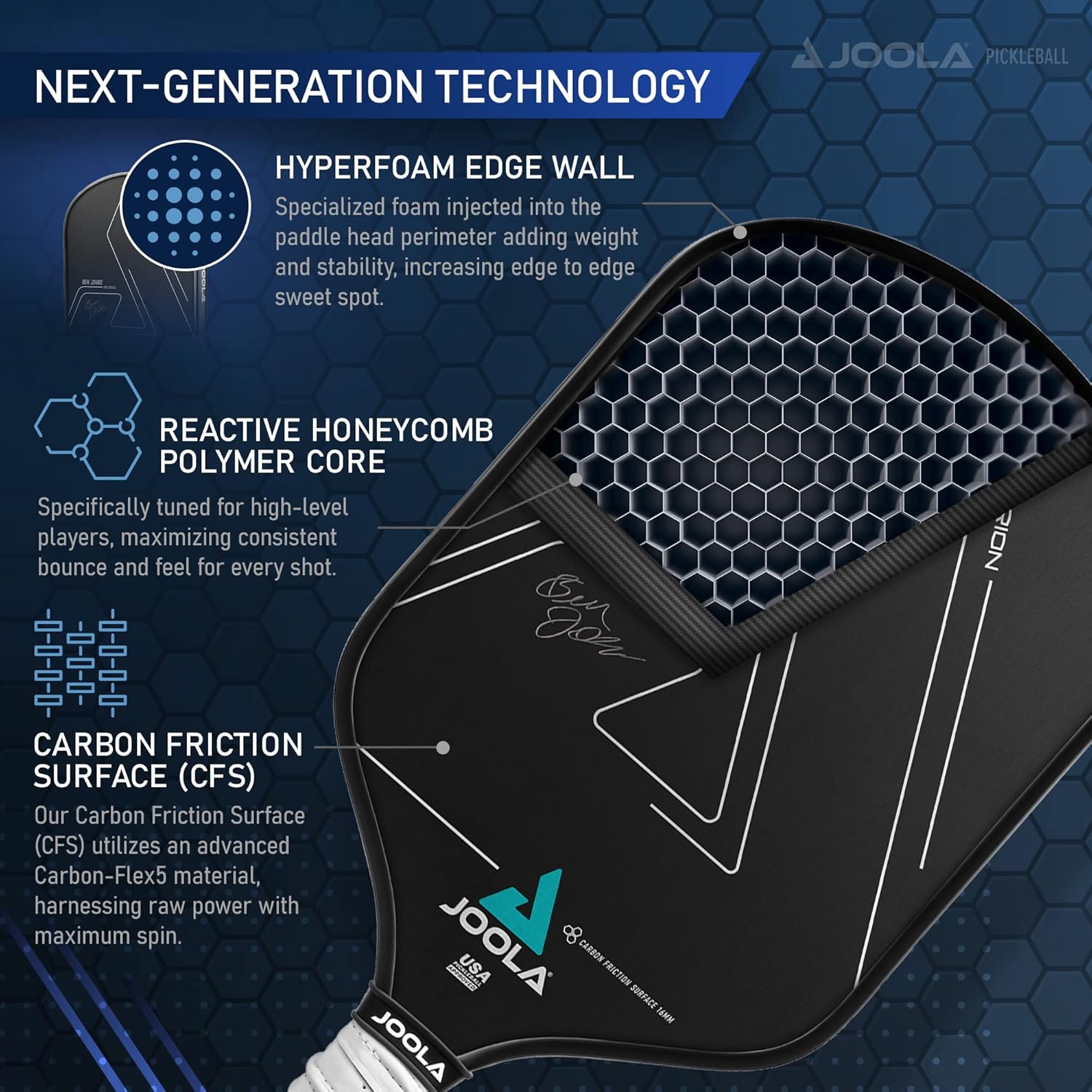 Detalle de JOOLA Ben Johns Hyperion CFS Pickleball Paddle — Carbon Surface, High Spin, Elongated Handle