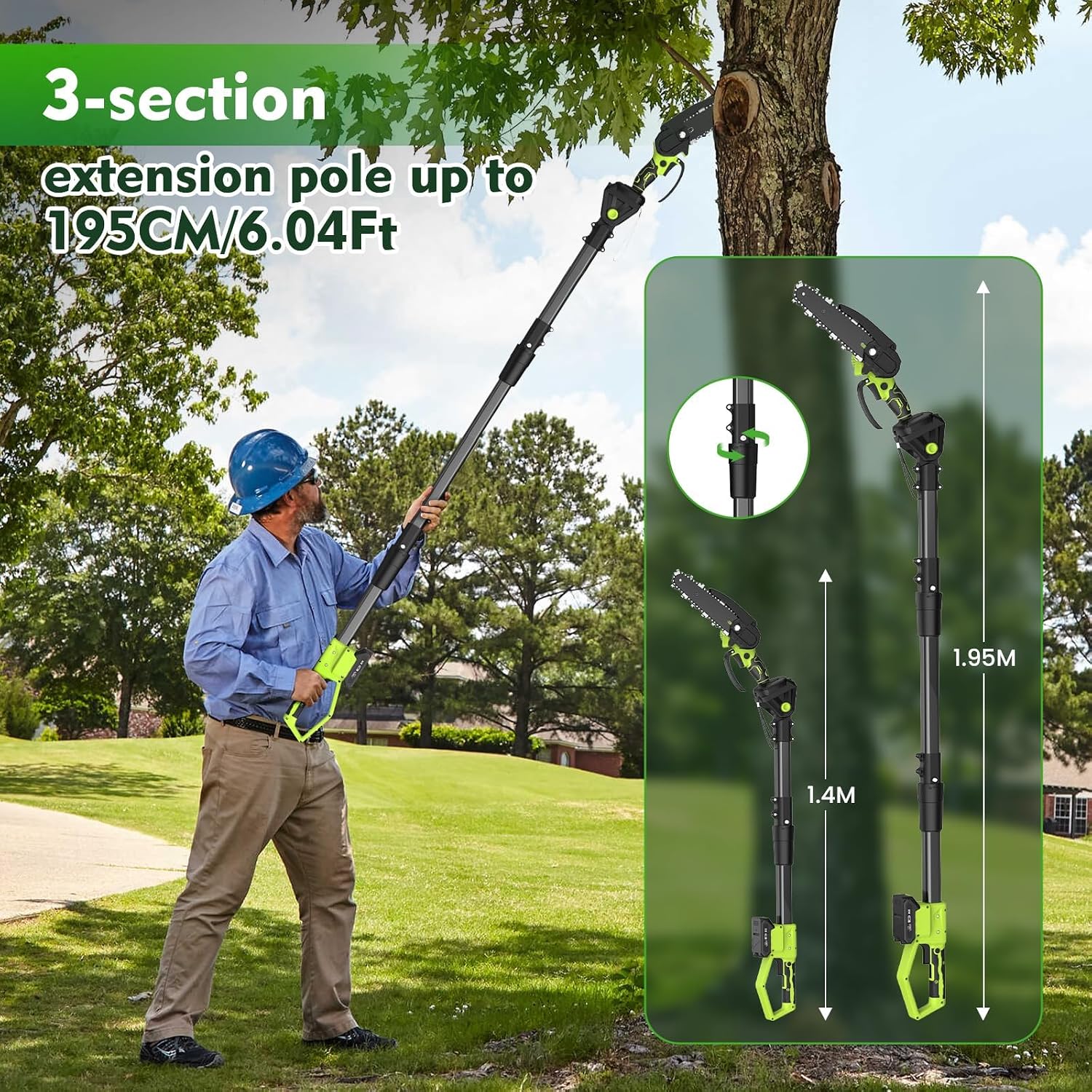 Detalle de Cordless Pole Hedge Trimmer & Chainsaw Set with 2x 4.0Ah Batteries and 7.05ft Extension Pole