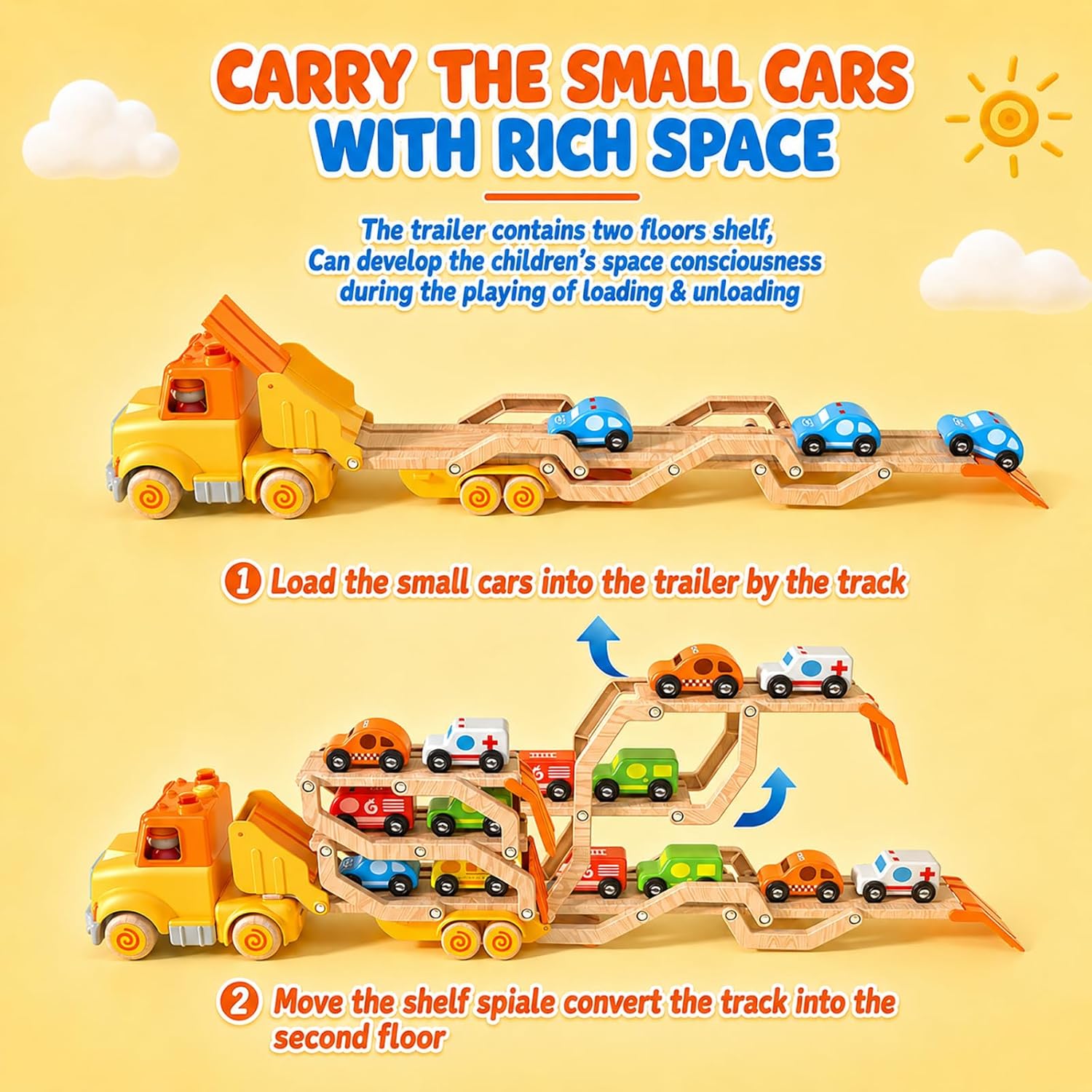 Thumbnail 6 de Toddler 7-in-1 Transport Trailer Toy Set with 6 Wooden Cars, Light & Sound 30in Foldable Track Trailer