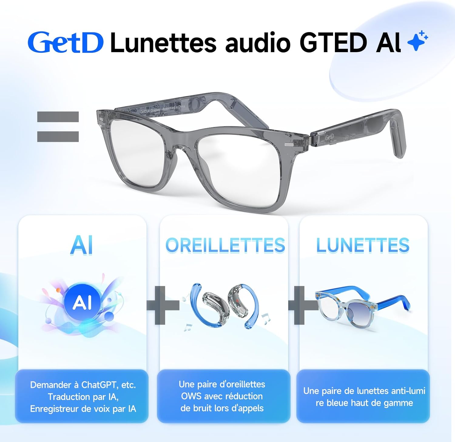 Detalle de Lunettes AI GetD: lunettes intelligentes 3 en 1 avec traduction IA et audio sans fil