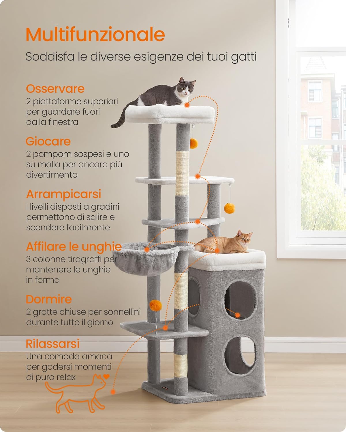Detalle de Feandrea Albero per Gatti Alto 152 cm – Tiragraffi multi-livelli grigio tortora (PCT007G01)