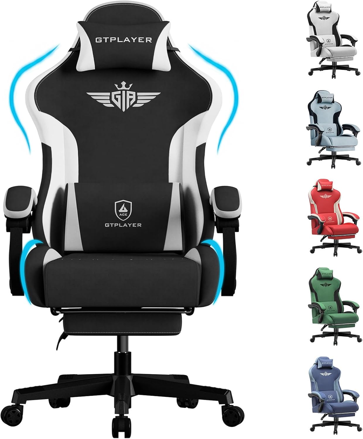 Detalle de GTPLAYER Gaming Stuhl – Ergonomischer Stoff-Gamingstuhl mit Lendenwirbelstütze und ausziehbarer Fußstütze