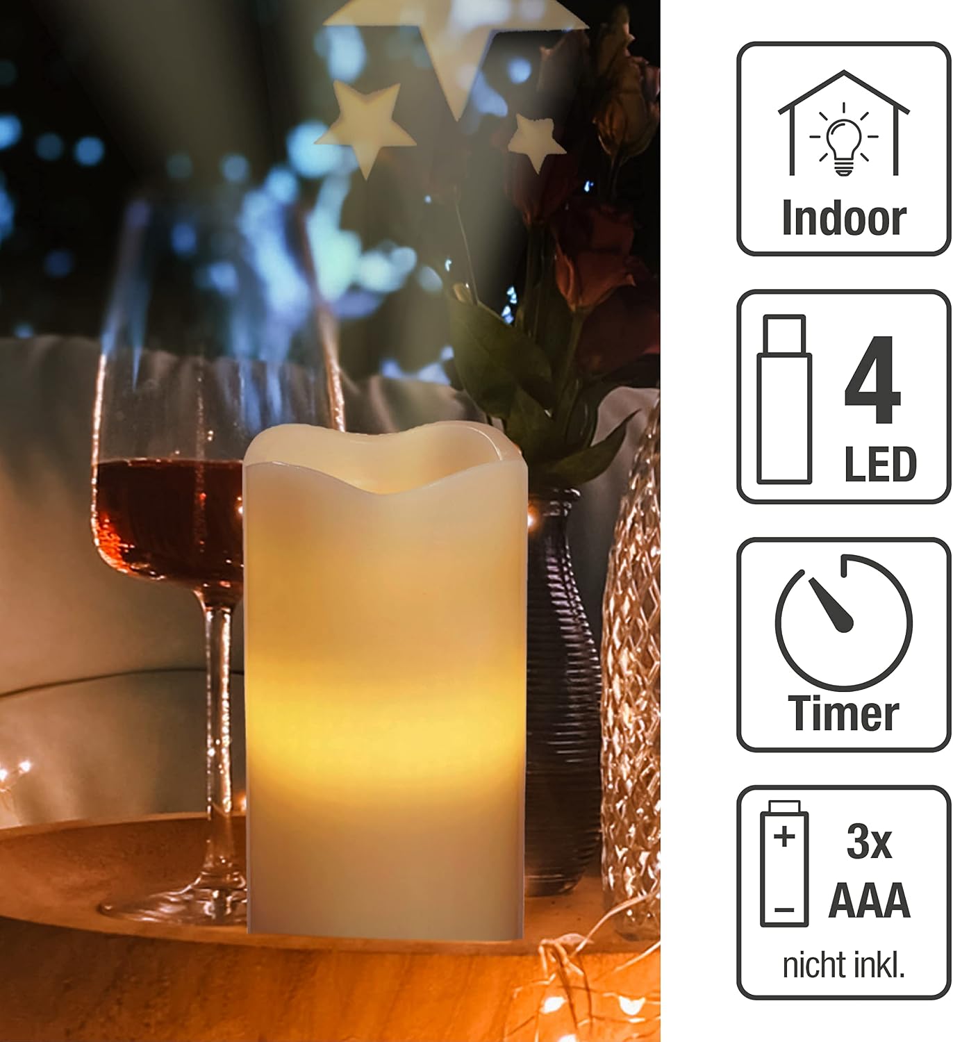 Detalle 2 de Candela LED Hellum con timer, Ø8 x H15 cm, cera vera e cielo stellato (batterie AAA non incluse)