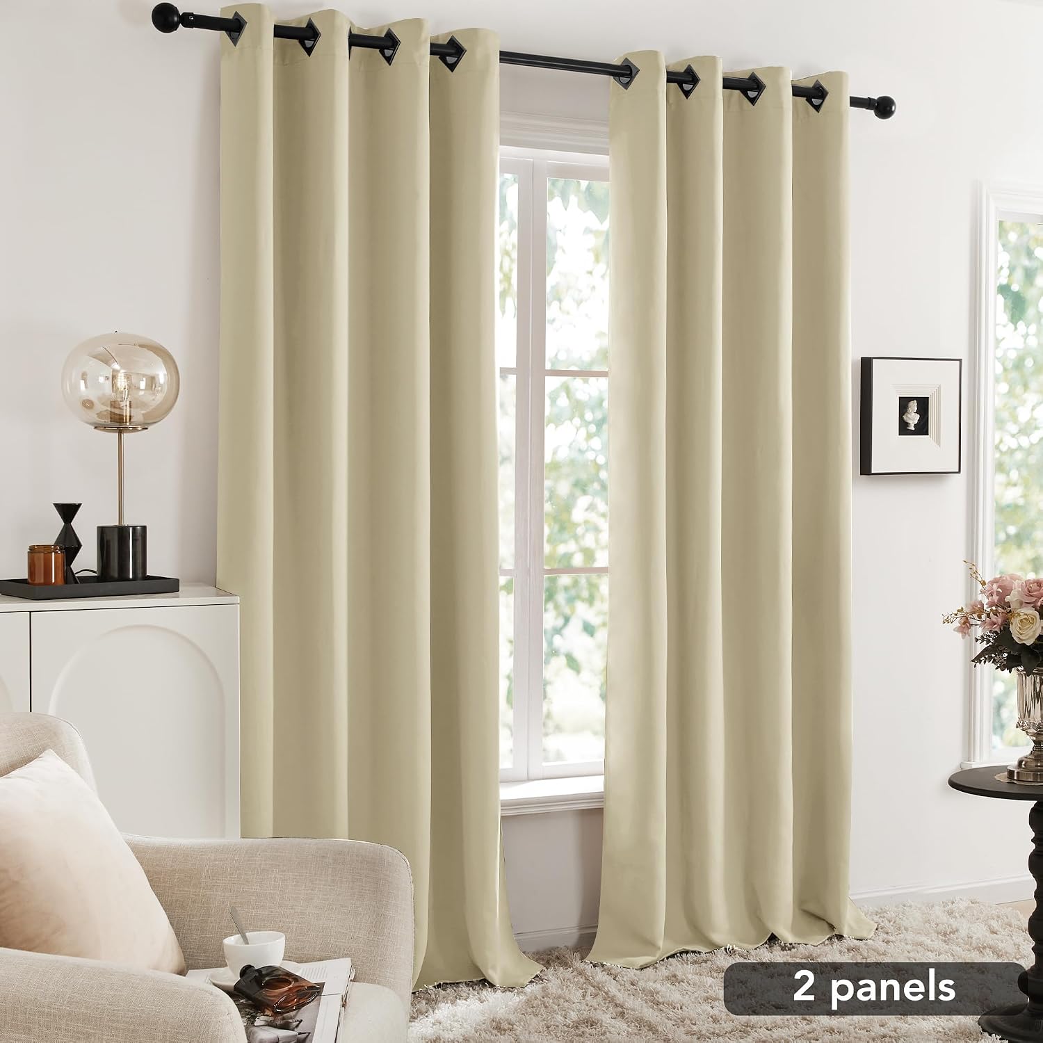 Thumbnail 6 de Deconovo Blackout Curtains with Black Eyelets in Warm Beige (2 Panels)