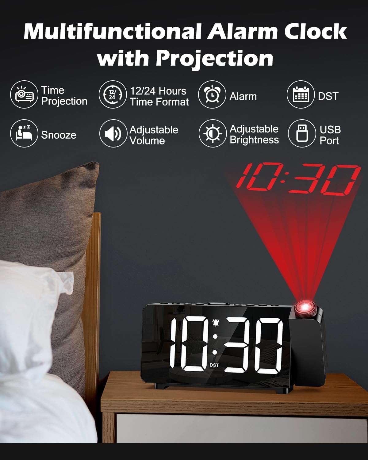 Detalle de OQIMAX projectiewekker met 7,4-inch ledscherm en 180°-projectie