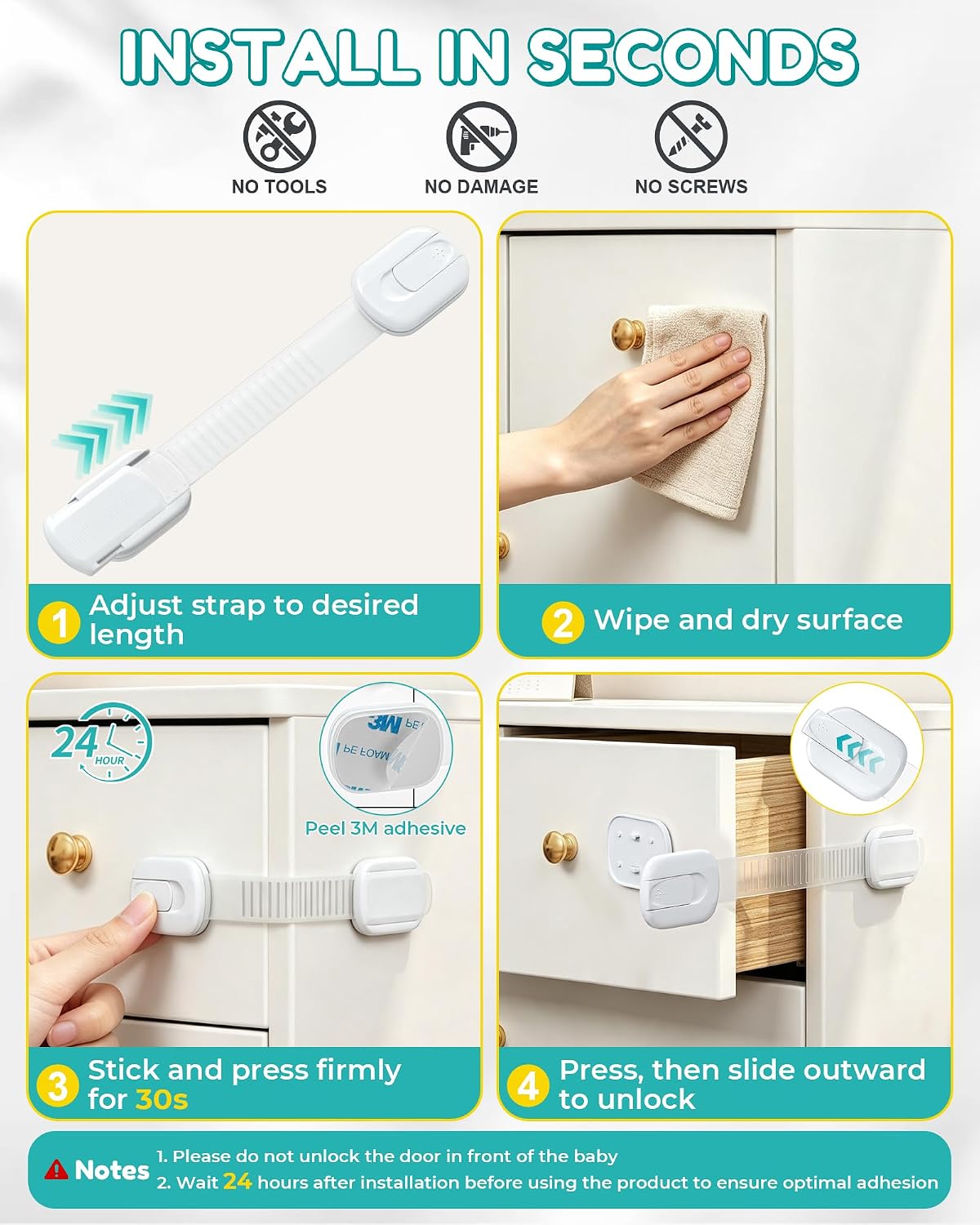 Thumbnail 6 de Niunuerga baby locks Child Safety Cabinet Latches, 14-Pack, Adjustable Adhesive