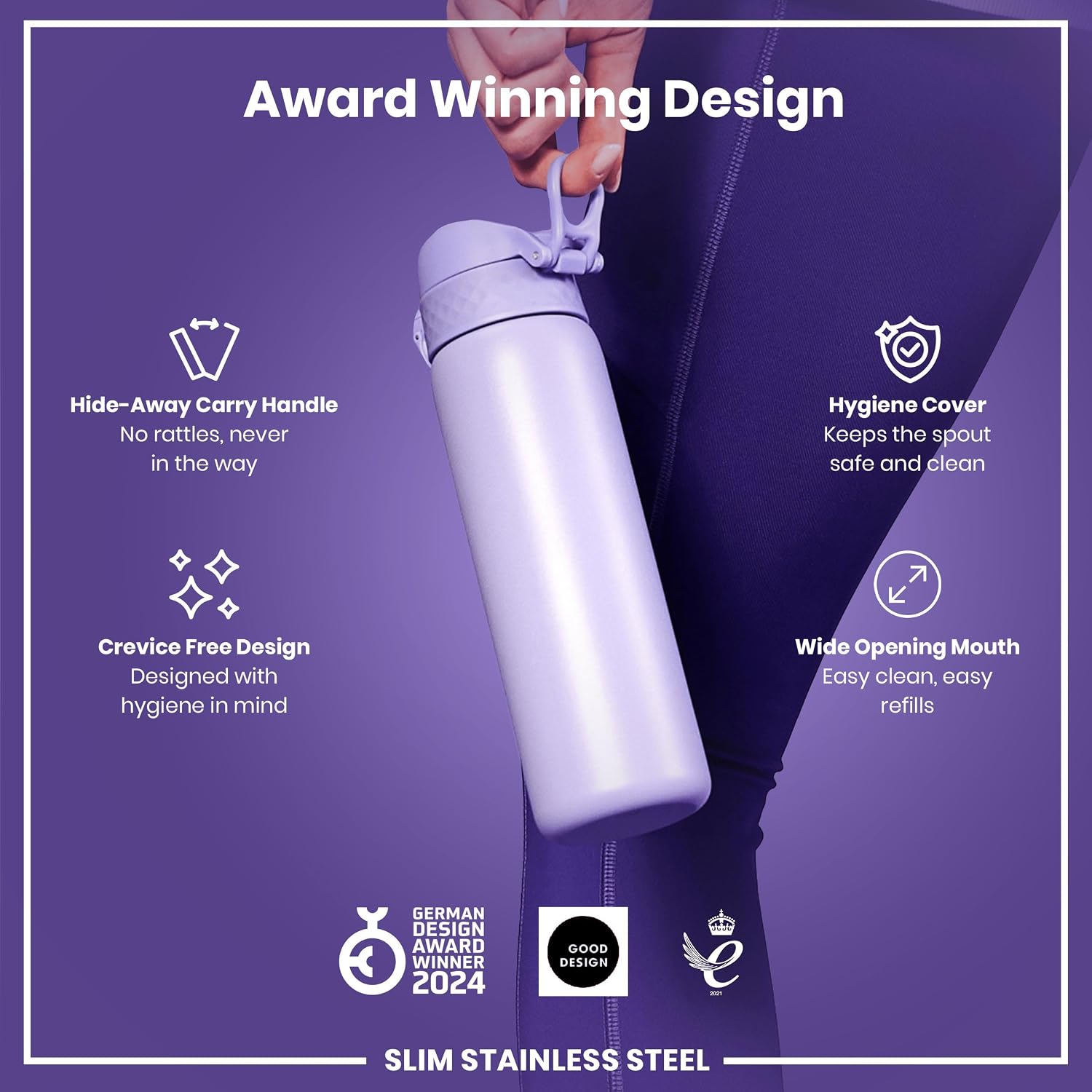 Detalle 2 de Ion8 Lightweight Steel Water Bottle 600 ml / 20 oz – Non-Insulated, Leak-Proof & Dishwasher Safe (Light Purple)