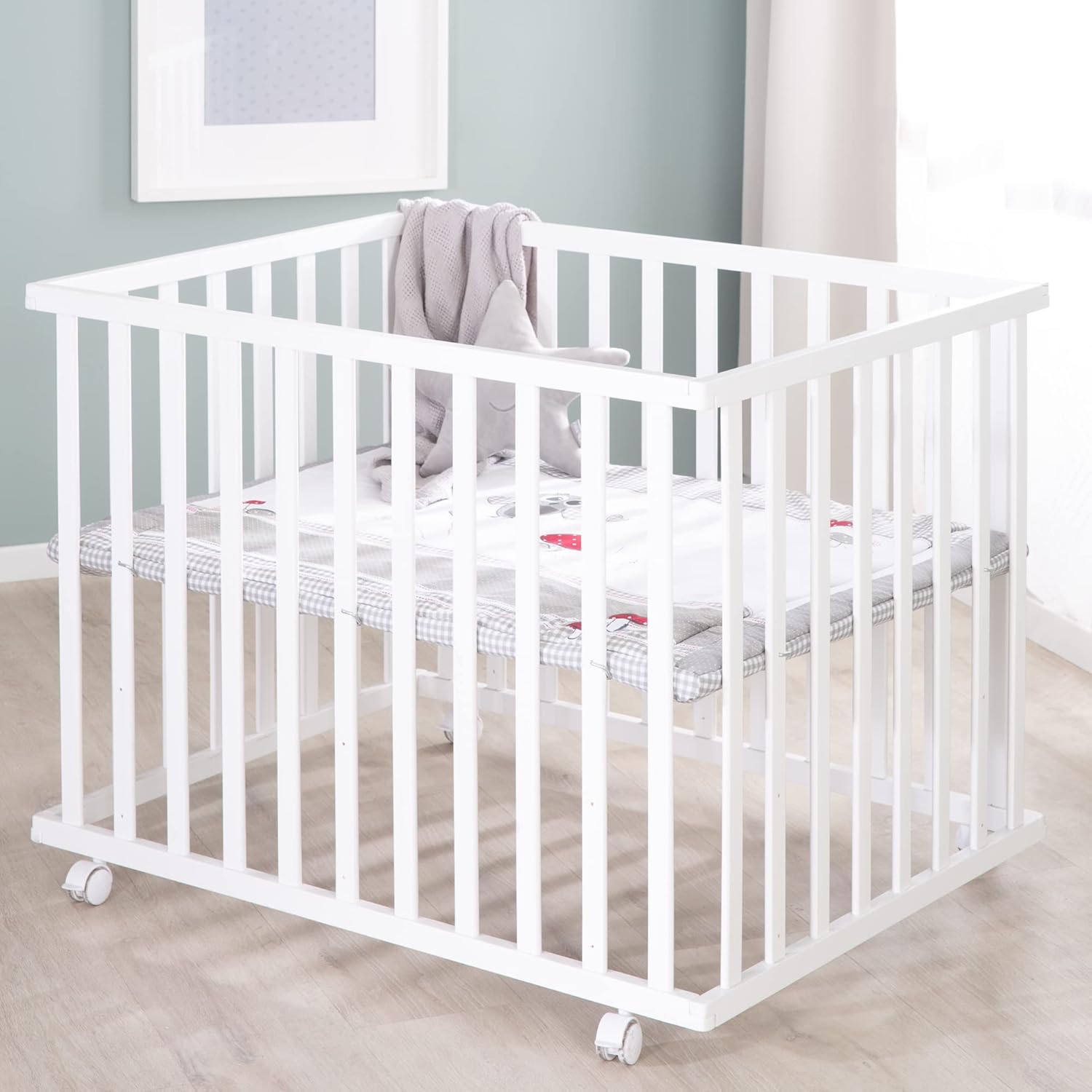 Thumbnail 2 de Roba Parc Bébé Rectangulaire en Bois 75 x 100 cm avec Tapis et Roues à Freins – Base Ajustable en Hauteur