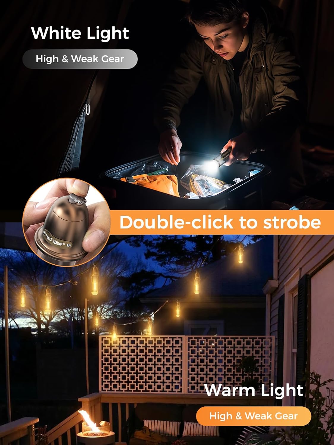 Detalle de Smiling Shark G350 : lanterne de camping LED USB rechargeable IPX4, 3 modes et ambiance blanche/chaude
