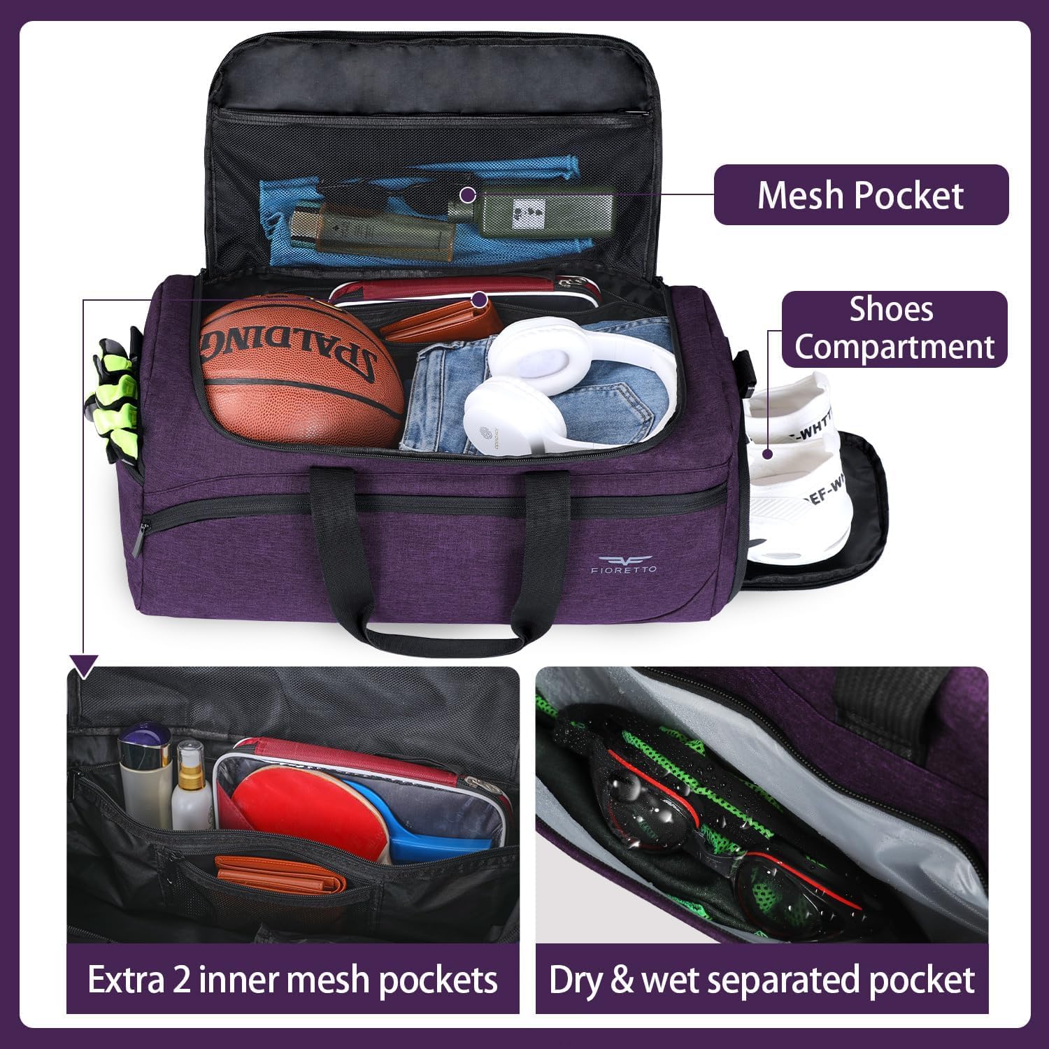 Detalle 2 de FIORETTO 50L Sporttasche & Reisetasche mit Schuhfach und Nassfach (lila)