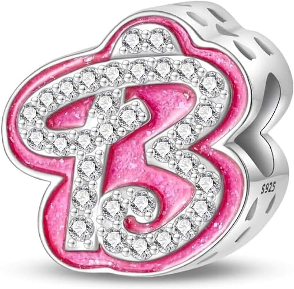 Detalle de LIGHTDOG 925 Argento Perline Rosa Stoned Charms – Ciondolo Alphabet con 26 Lettere