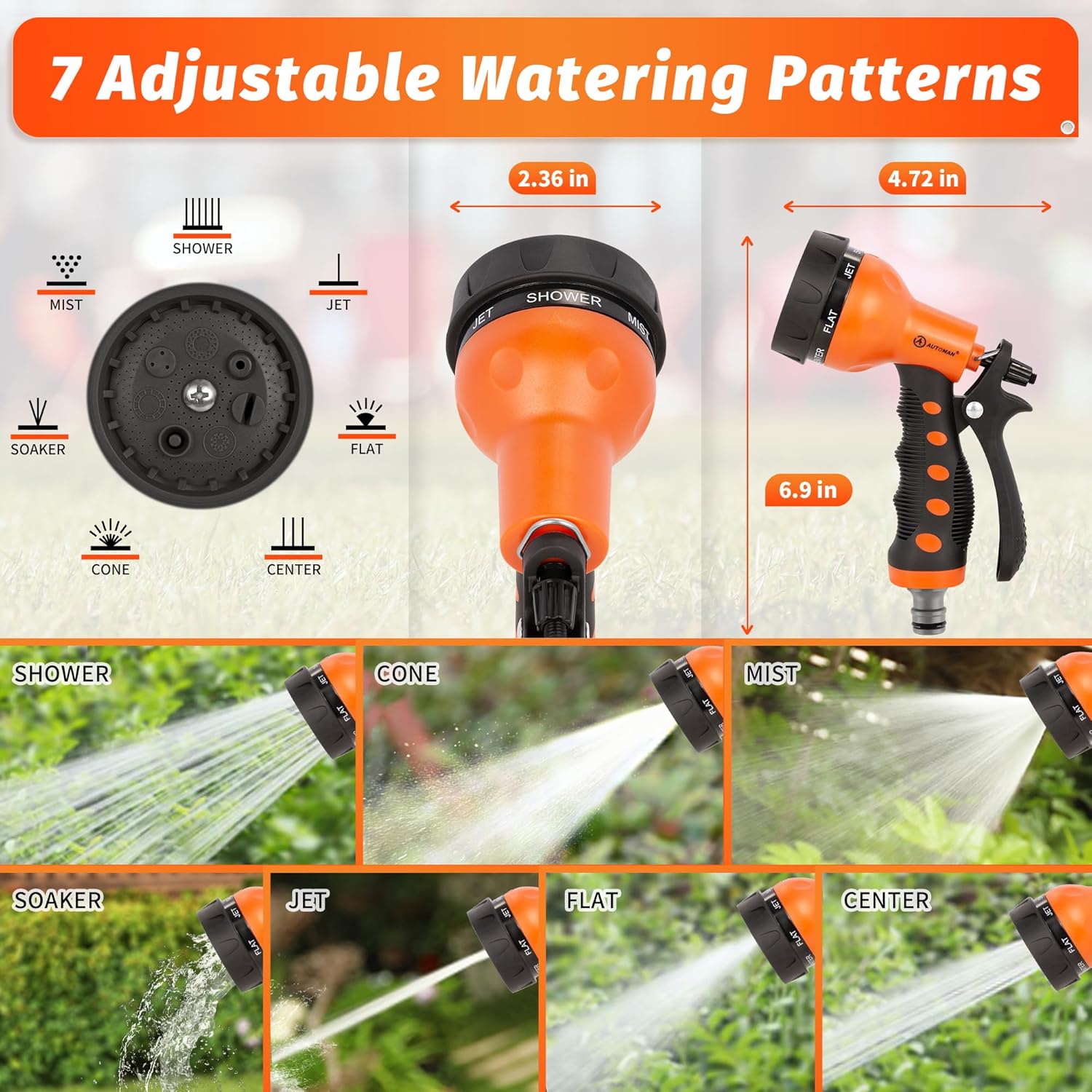 Thumbnail 1 de AUTOMAN Hose Pipe Spray Gun (7 Patterns) – anti-slip high pressure hose nozzle in orange