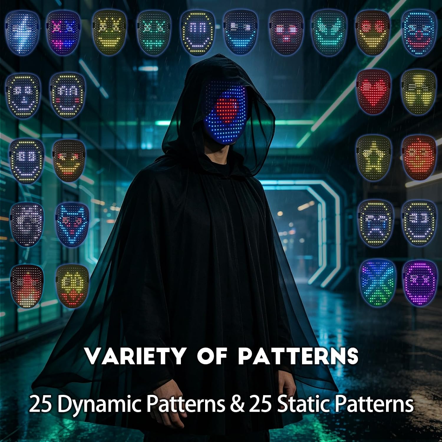 Detalle de MOYACA LED Mask and Hooded Black Cloak Set with 50 Patterns