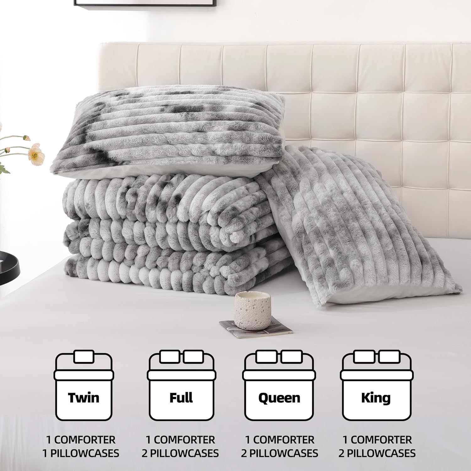 Thumbnail 6 de Smoofy Fluffy King Size Comforter Set 3 Pieces — Tie-dye Grey Faux Fur, Ultra-Soft Micro-Mink & Flannel Dual-Sided Bedding