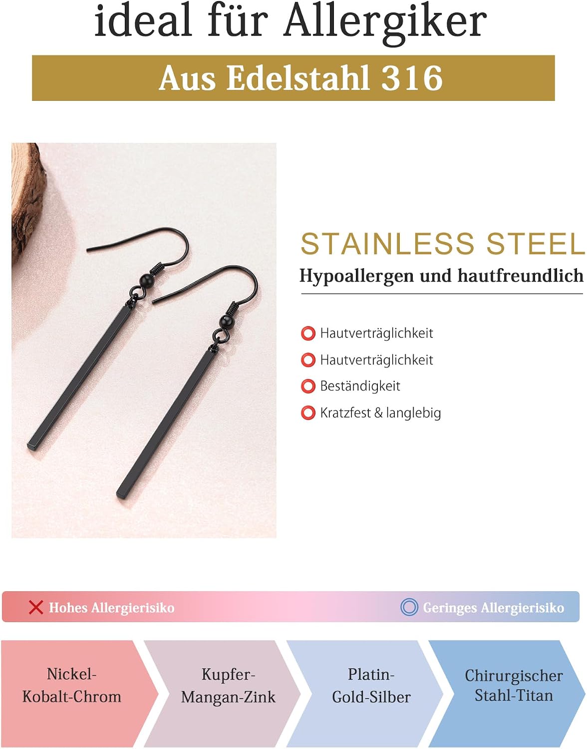 Thumbnail 4 de FindChic Stab Ohrringe aus Edelstahl – lange, hängende Minimal-Statement-Tropfen in Schwarz/Gold/Silber